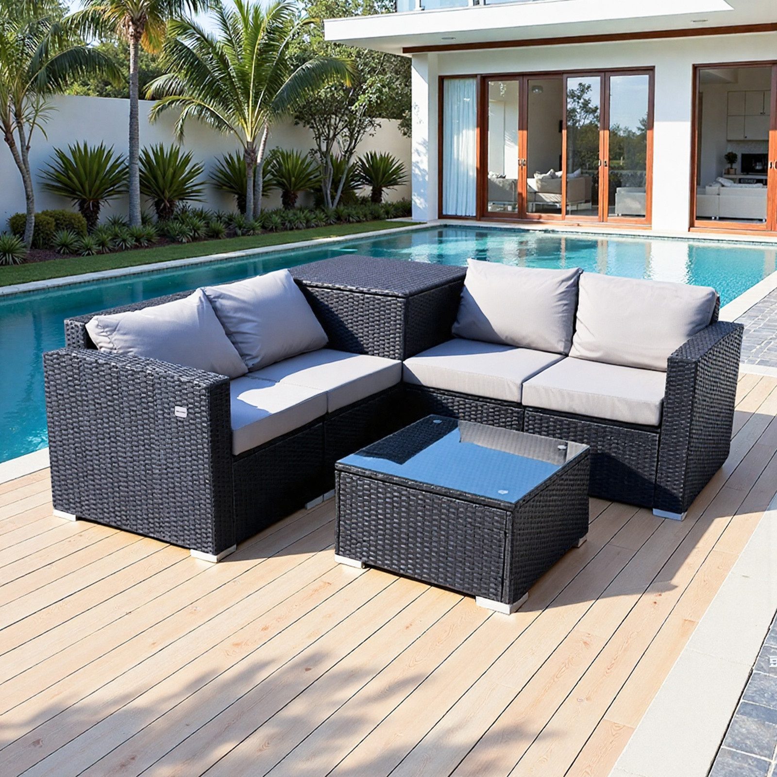 HOMAVO Gartenlounge-Set mit Beistelltisch, Aufbewahrungsbox & Abdeckung, (Set, 7-tlg, Gartenmöbel set 4 Personen)