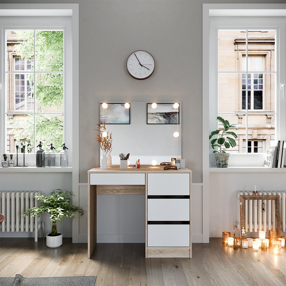 Schminktisch Sherry, Sonoma/Weiß, 90 cm mit LED Beleuchtung