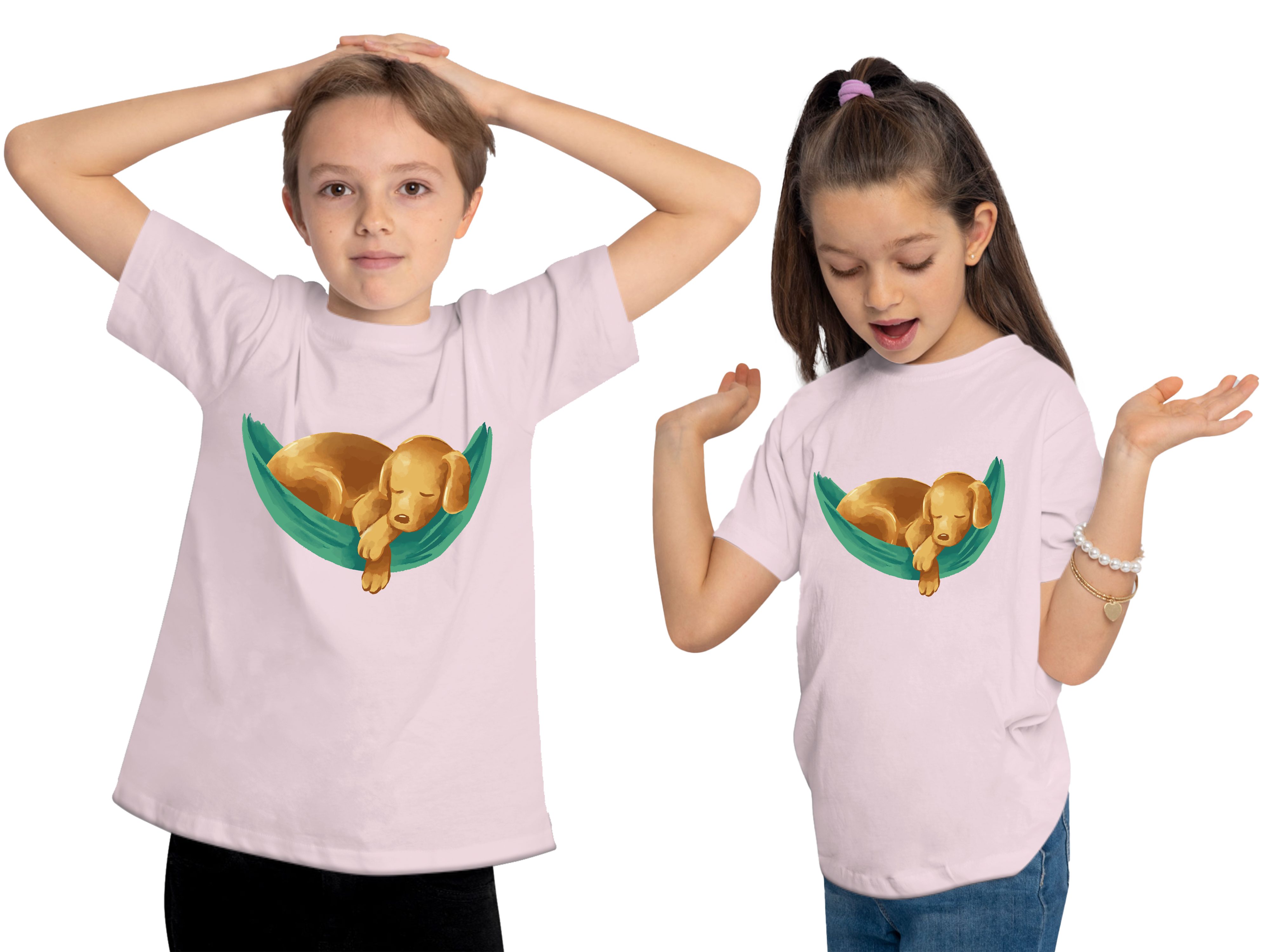 MyDesign24 T-Shirt Kinder Hunde rosa in bedruckt Hängematte Baumwollshirt i245 mit Welpe Shirt Labrador Print Aufdruck, 