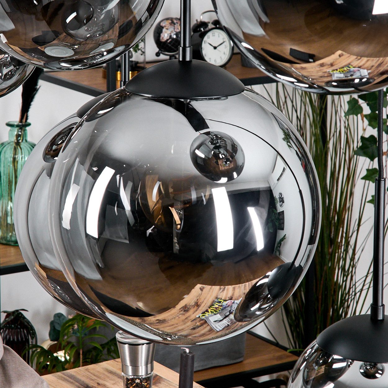 hofstein Hängeleuchte Hängelampe aus Metall/Glas in Schwarz/Rauchfarben, ohne Leuchtmittel, moderne Pendelleucht im Retro/Vintage-Design (20; 25; 30 cm), 8x E27