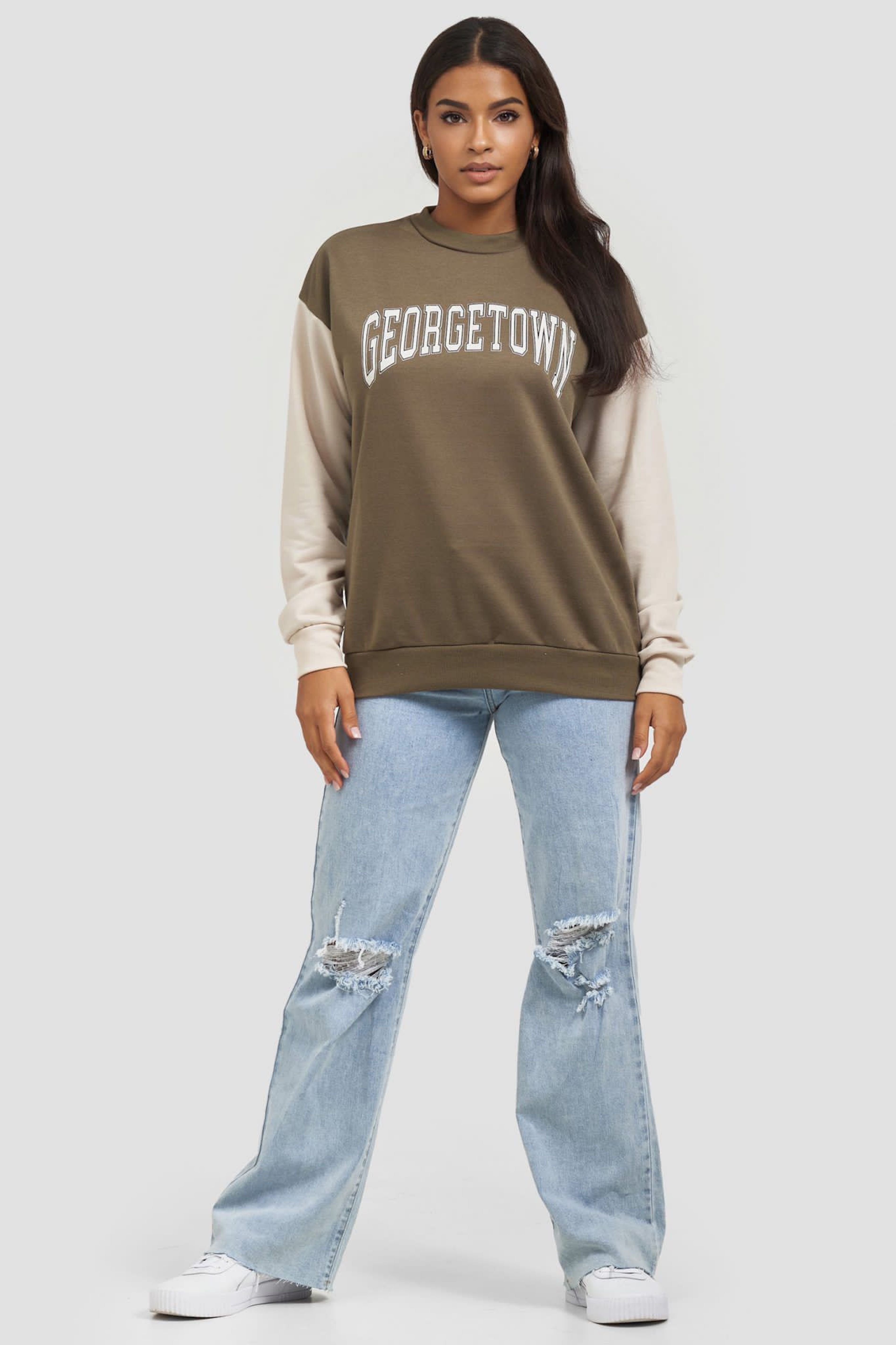 Worldclassca Sweatshirt Worldclassca Damen Mädchen Oversized Sweatshirt Lounge Homewear Sweater Shirt Bedruckt Schriftzug GEORGETOWN College Uni Farben Freizeit Sport Langarmshirt Oberteil Pulli Pullover Blogger NEU S-L