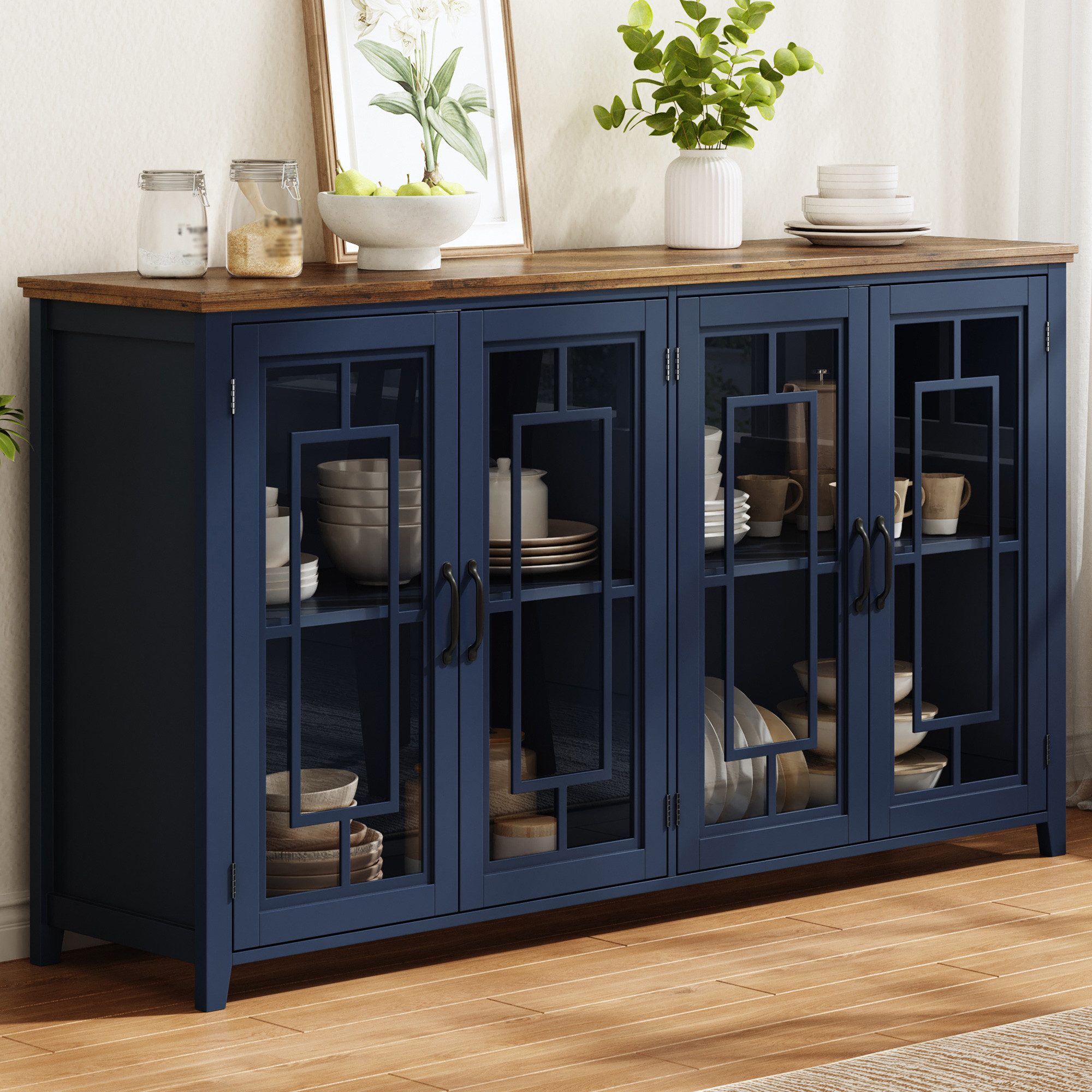 Flieks Sideboard Kommode mit 4 Glastüren und Arbeitsplatte in Holzoptik (160x40x86 cm, 1 St., Schrank für Esszimmer, Wohnzimmer und Schlafzimmer), Mehrzweckschrank Küchenschrank Multifunktionsschrank Blau