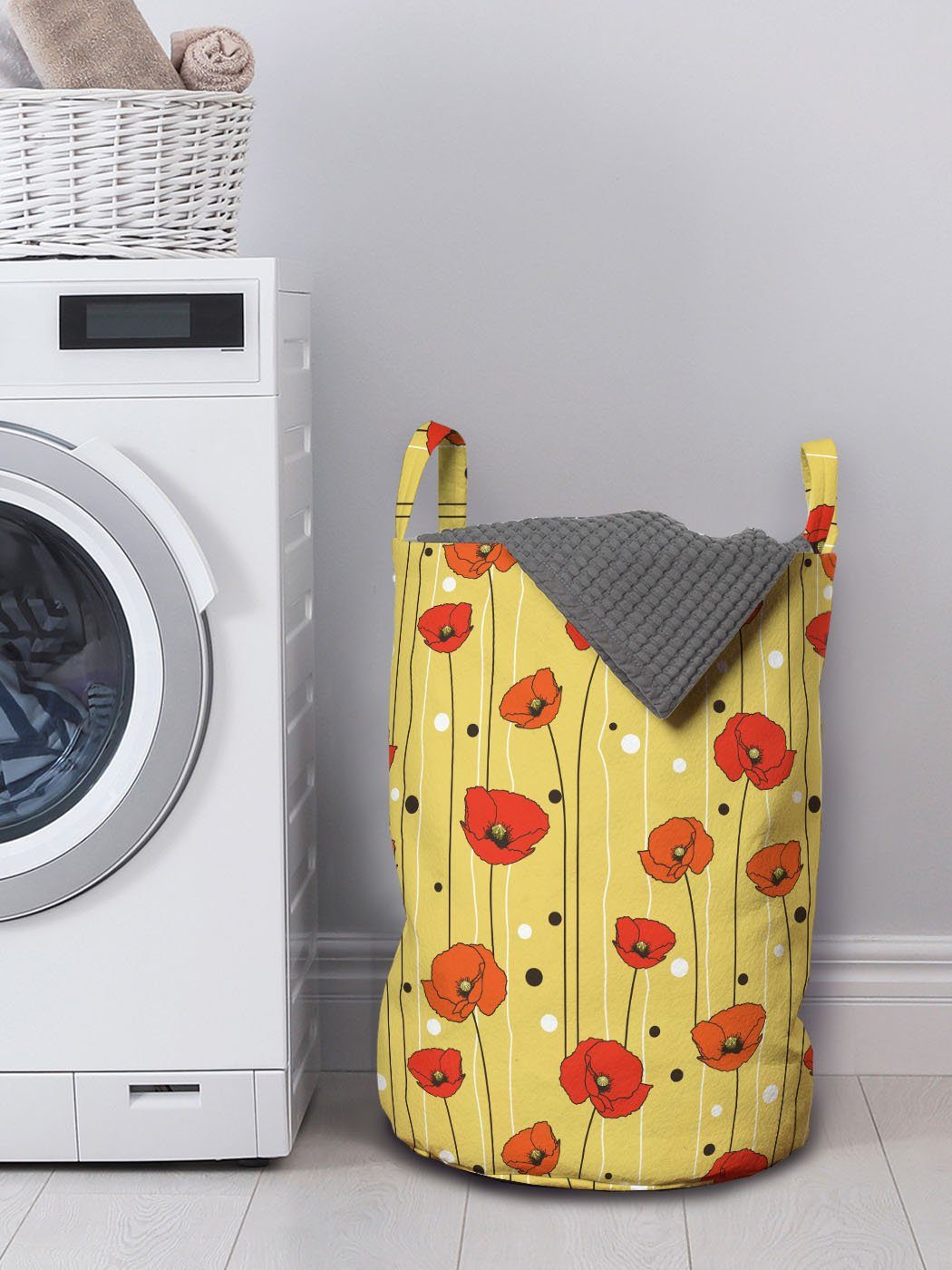 Abakuhaus für mit Wäschekorb Waschsalons, Floral Griffen Linien mit Mohn Wäschesäckchen Punkten Kordelzugverschluss