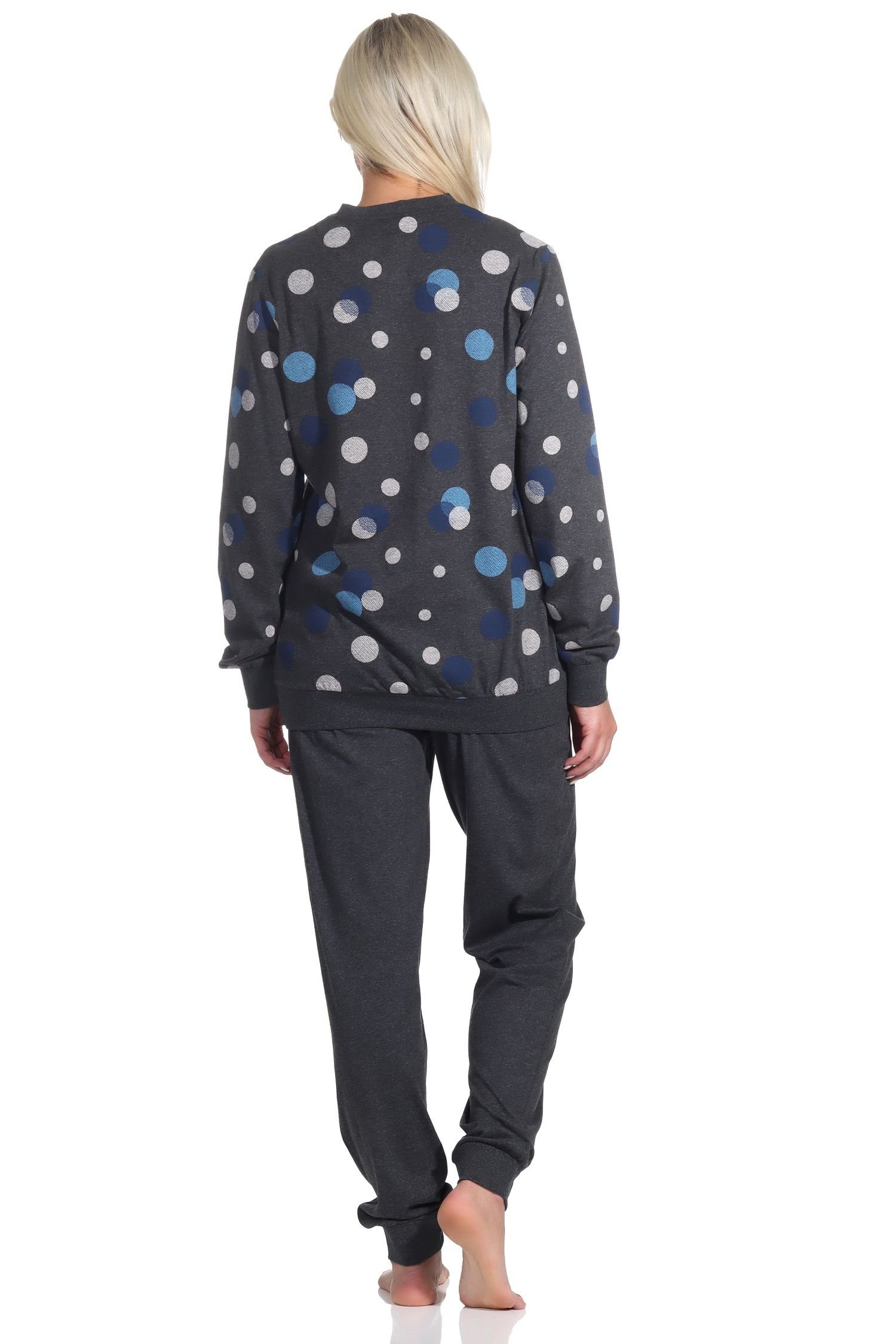 Schlafanzug in mit - blau in auch Übergrößen Damen Optik Bündchen Normann Pyjama Punkte