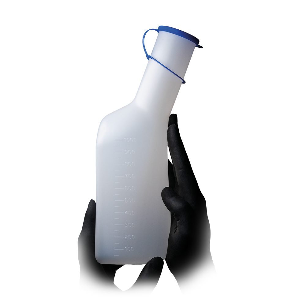 AMPri Urin-Flasche für Männer mit Deckel und Graduierung, autoklavierbar bis 90°C, Flasche aus PE