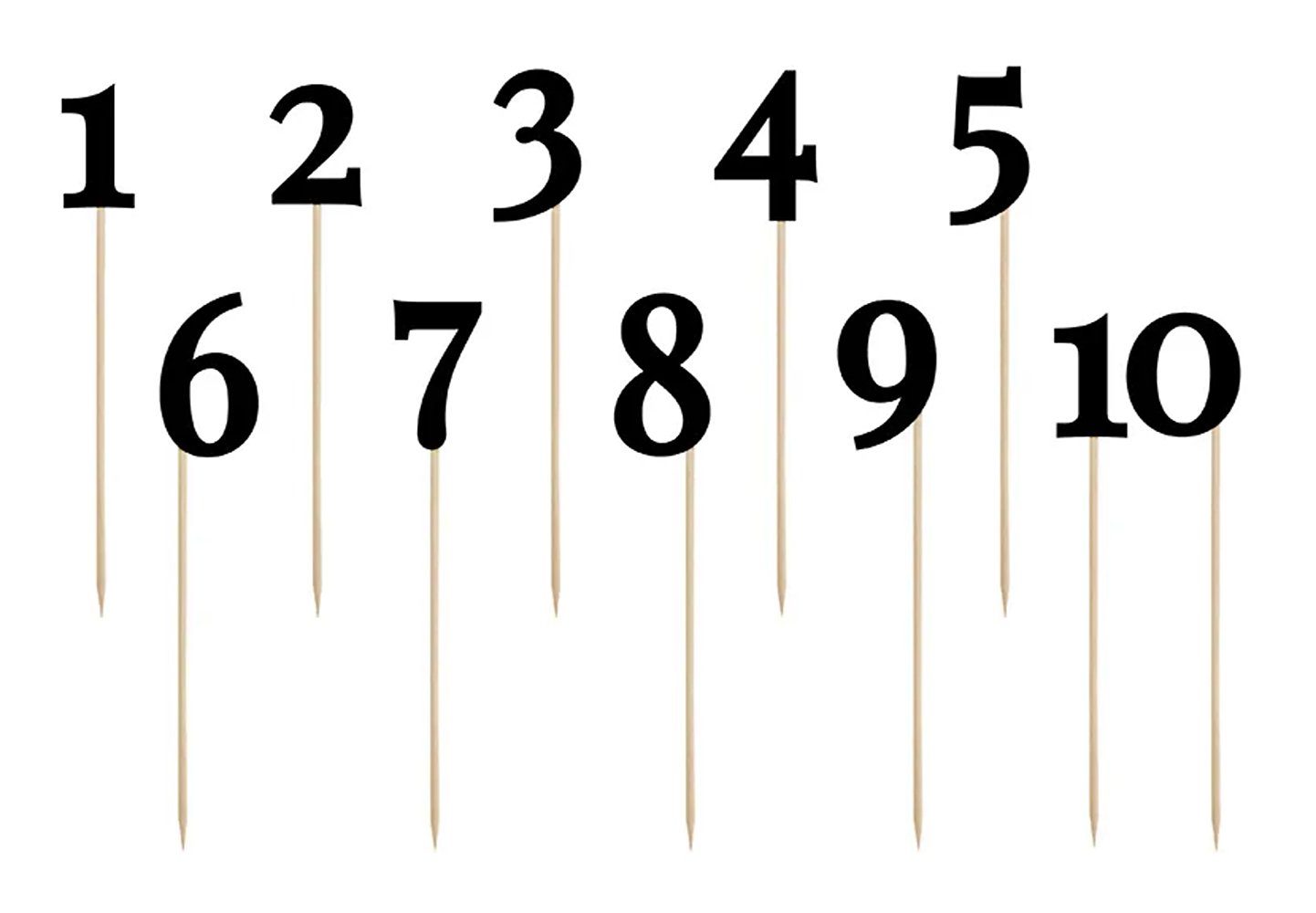partydeco Tortenstecker, Tischnummern Hochzeit 1-10 zum Stecken 26cm schwarz 11er Set