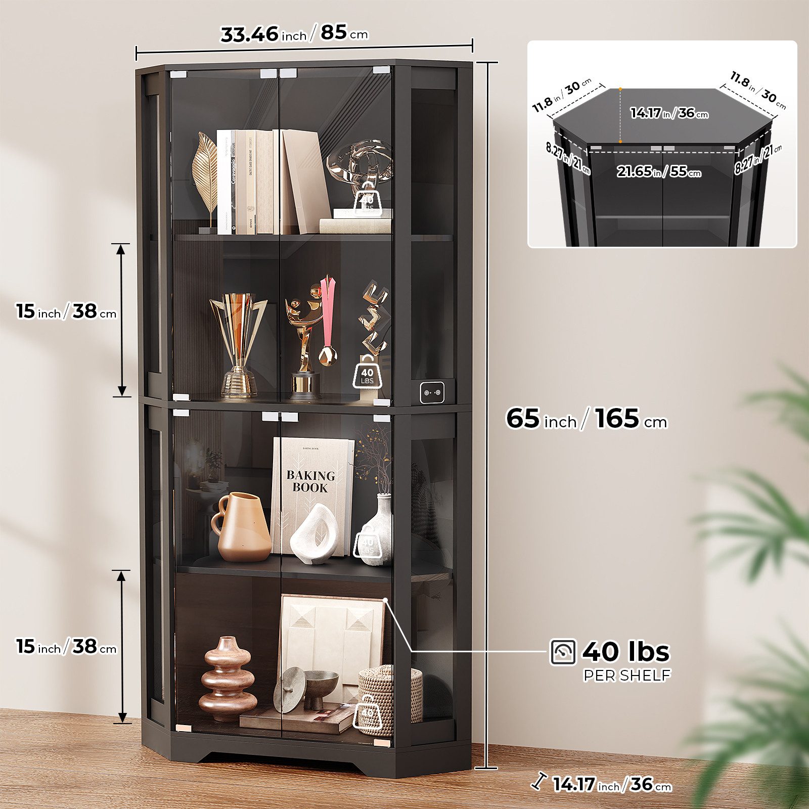 BROTTAR Glasvitrine Curio-Schrank, Eckvitrine, 4 Böden mit LED-Beleuchtung (1-St) mit menschlichem Körpersensor für Spielzeug, Bücher, schwarz
