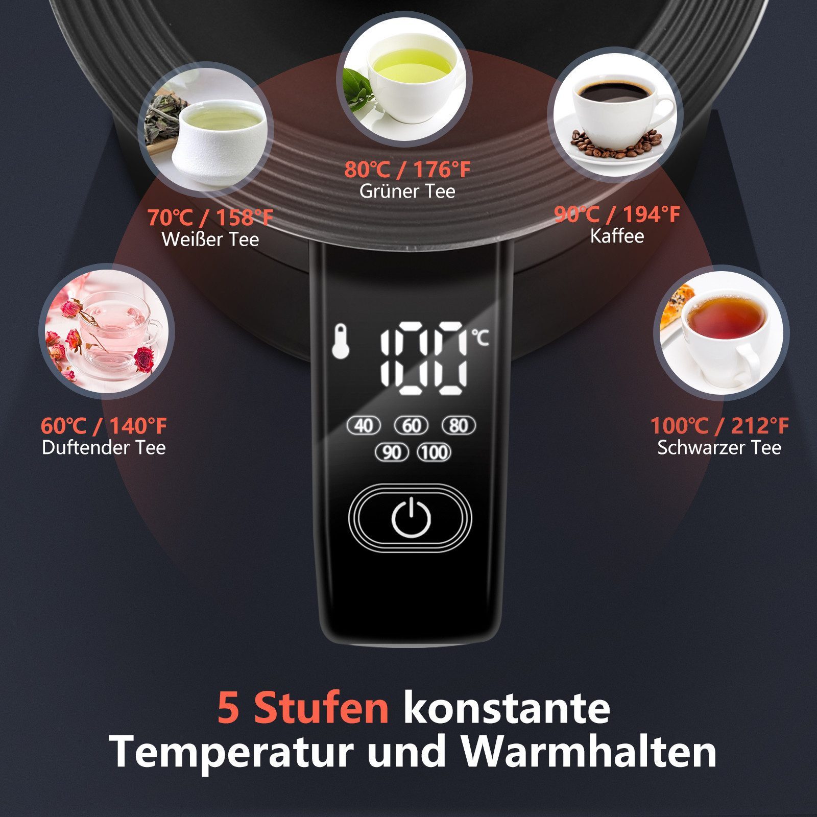 Aigostar Wasserkocher Edelstahl Wasserkocher mit Temperatureinstellung 40°C-100°C,Doppelwand, 2200 W, Edelstahl Wasserkocher mit Temperatureinstellung 40°C-100°C,Doppelwand
