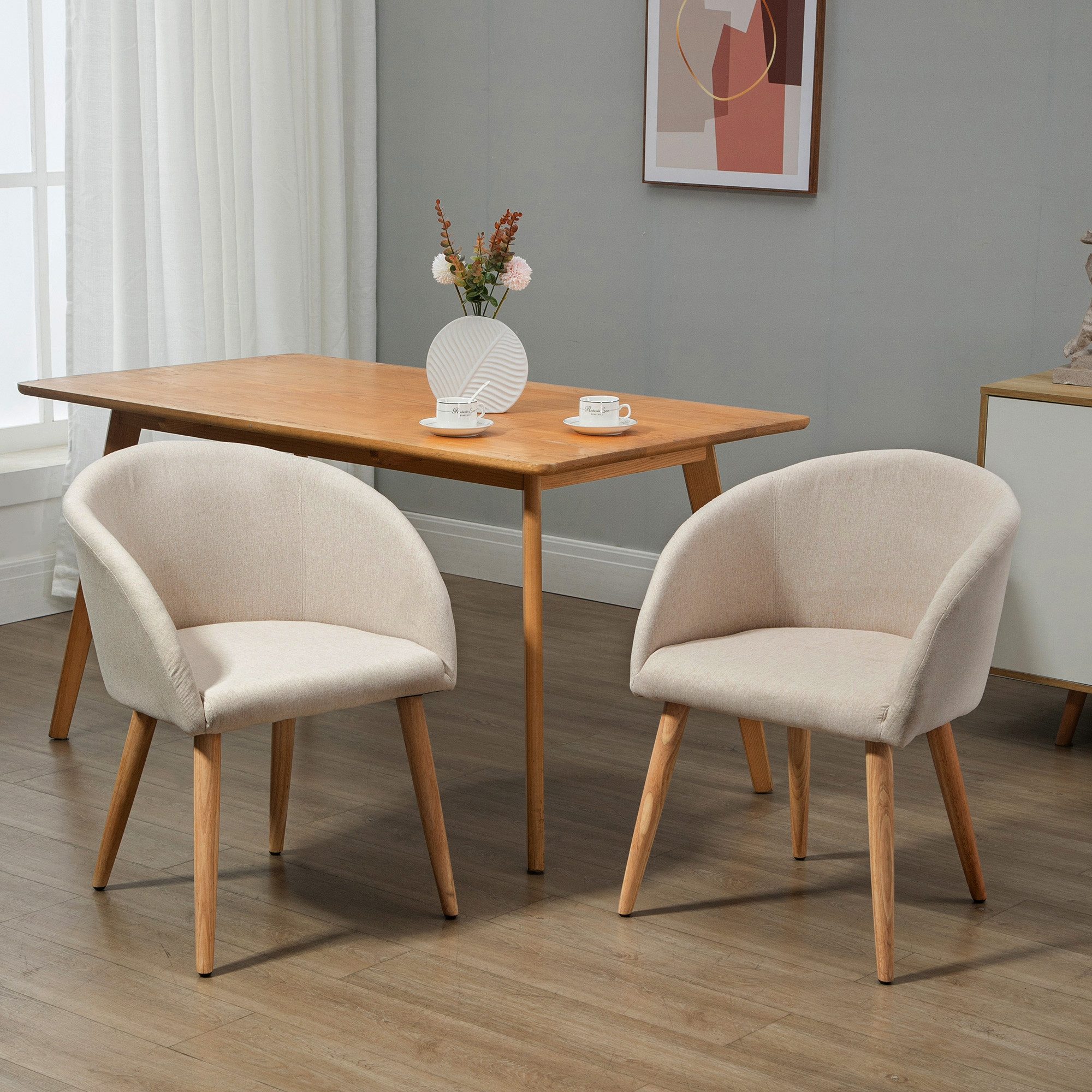 HOMCOM Esszimmerstuhl Polsterstuhl mit Armlehne, Leinen-Optik, Holzbeine, Sessel (Küchenstuhl, 2 St), für Esszimmer, Wohnzimmer, Beige