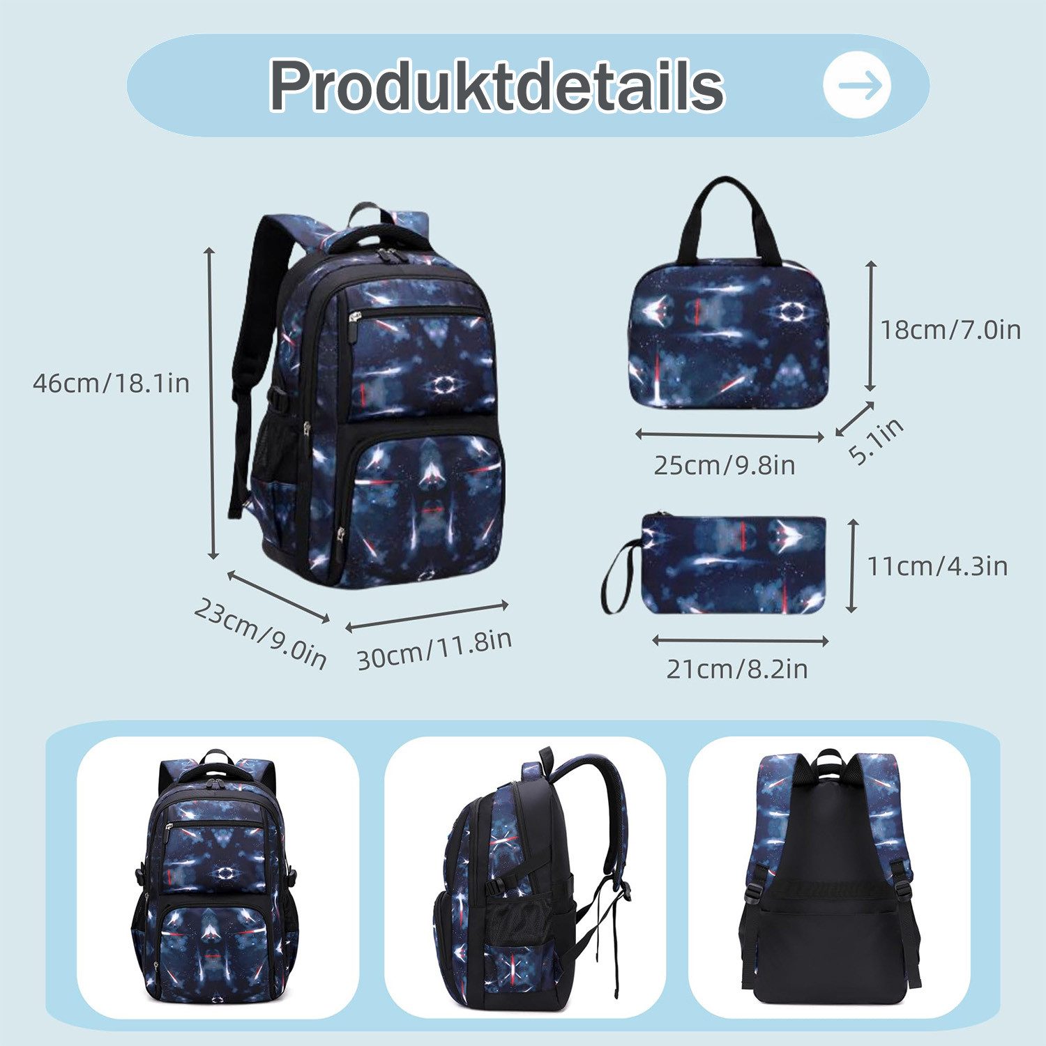 MOPUEA Schulrucksack Schulrucksack-Set 3 Stk. Schultasche Teenager Turnbeutel Rucksack (Set, 1-tlg., Atmungsaktivität & Rückenschutz für gesundes Tragen), Prakt – Bild 5 von 5
