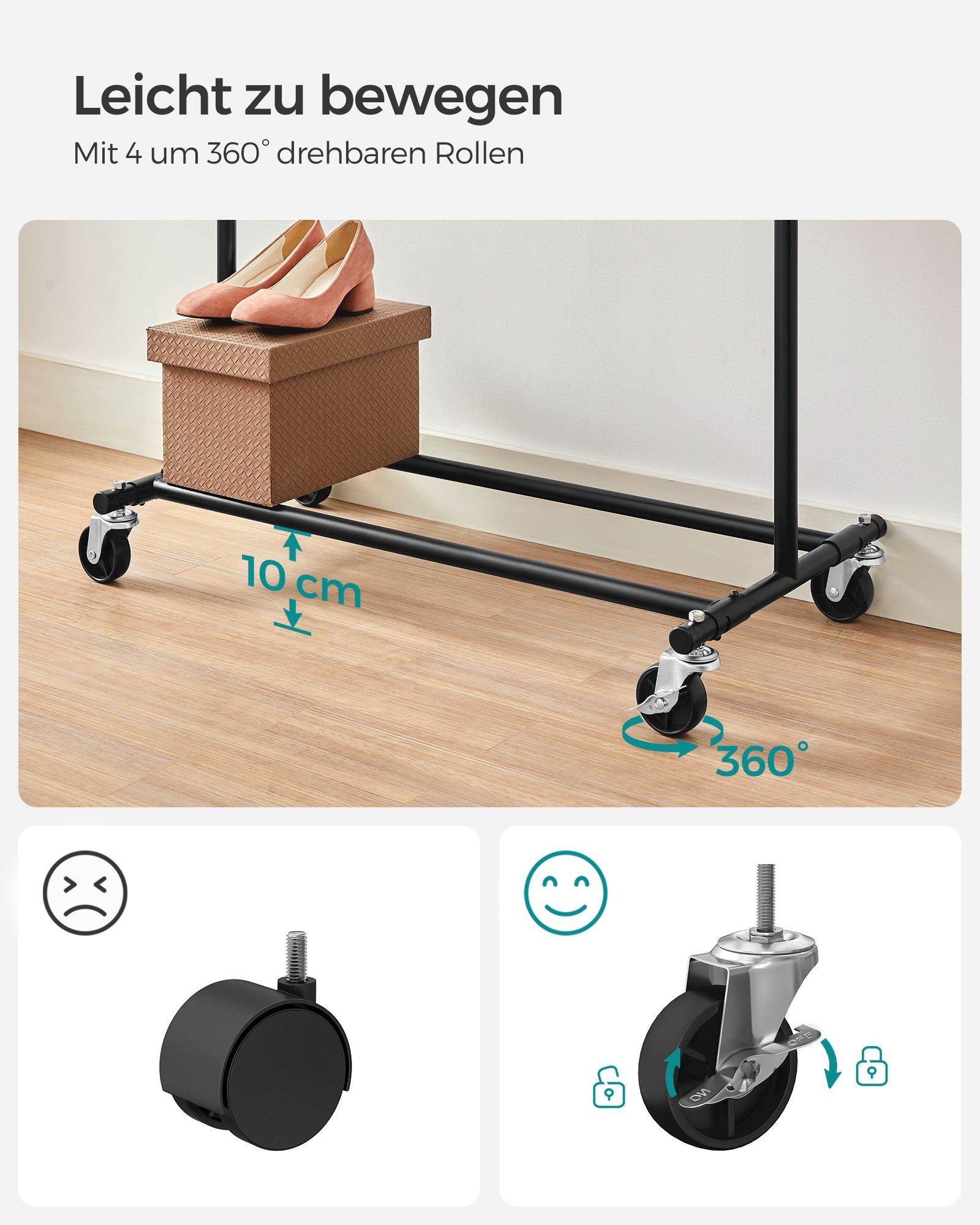 SONGMICS Kleiderständer Schwerlast-Garderobenständer ausziehbare Kleiderstange, bis 90 kg belastbar, einfache Montage, auf Rollen, transportabel – Bild 4 von 5