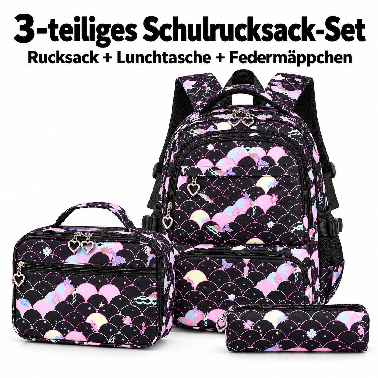 JASLIFE Schulrucksack für Kinder 3-teiliges Set mit Lunchtasche und Federmäppchen für Schule (Schulrucksack Set, 3-teiliges Set), Leicht, wasserabweisend, viel Stauraum – ideal für Schule & Freizeit