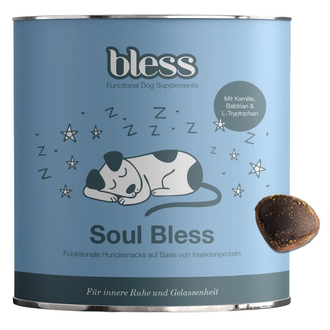 Bless Soul Bless, Ergänzungsfuttermittel für: Hunde, mit L-Tryptophan, Baldrian und Insektenprotein, allergikerfreundlich