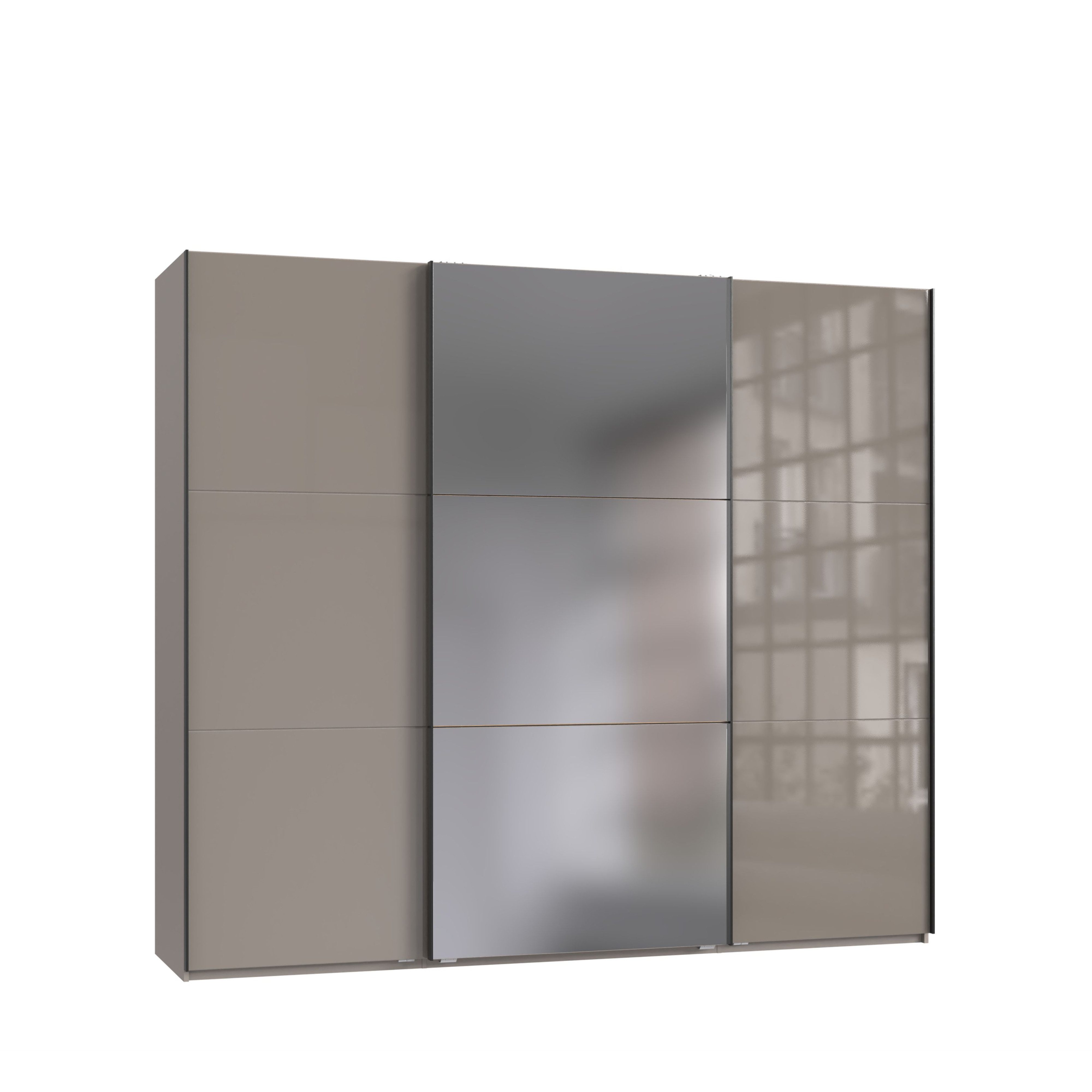 luma-home Schwebetürenschrank 22034 (3-türiger Kleiderschrank B250/H216/T65 cm mit Vollausstattung als optimale Stauraumlösung) Sandgrau mit Glasfront, Spiegeltür und schwarzen Griffleisten     