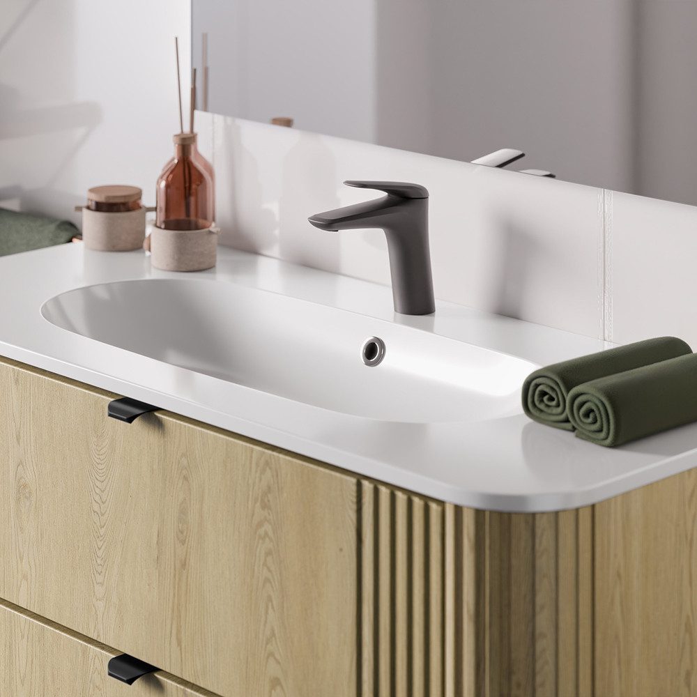 Lomadox Waschtisch OLIVA-56, Eiche gerillt 100 cm breit Metallgriffe Softcl günstig online kaufen