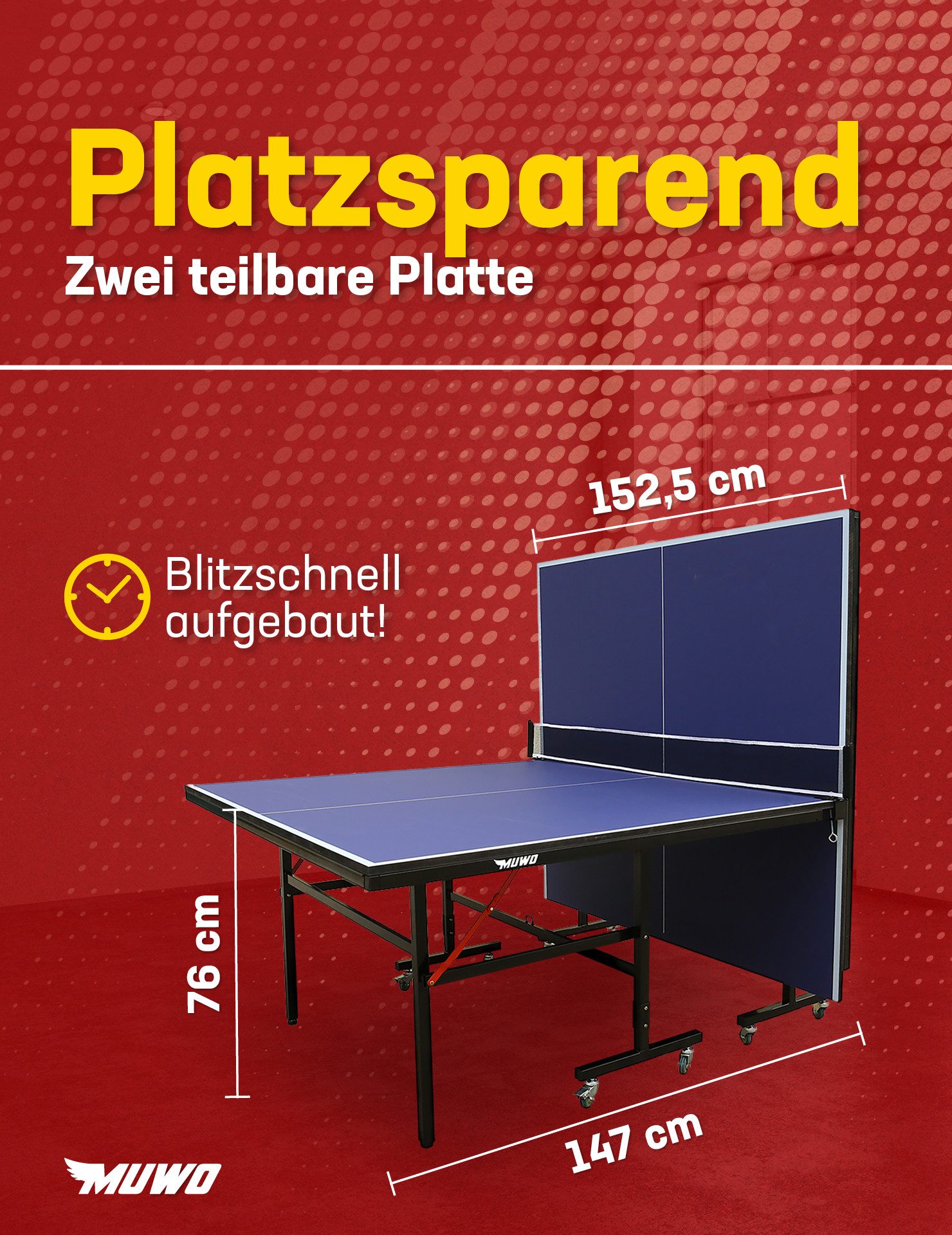 MUWO Tischtennisplatte Premium Indoor Tischtennisplatte, klappbarer MDF-Platte, rollbares Stahlgestell, doppelter Kippsicherung