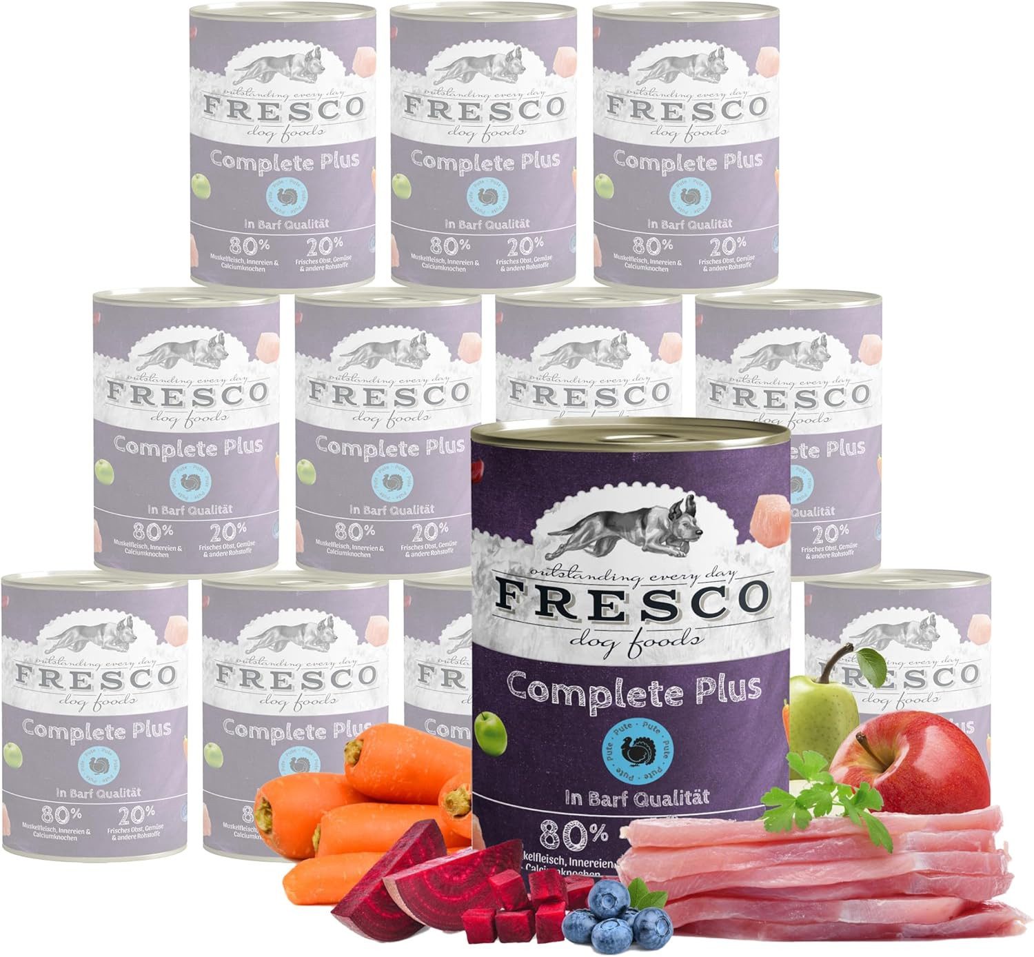 Fresco Dog NassBarf Premium Hundefutter trocken 12x400g, Pute, Nassfutter für: Hunde, Getreidefrei, zuckerfrei & hoher Fleischanteil