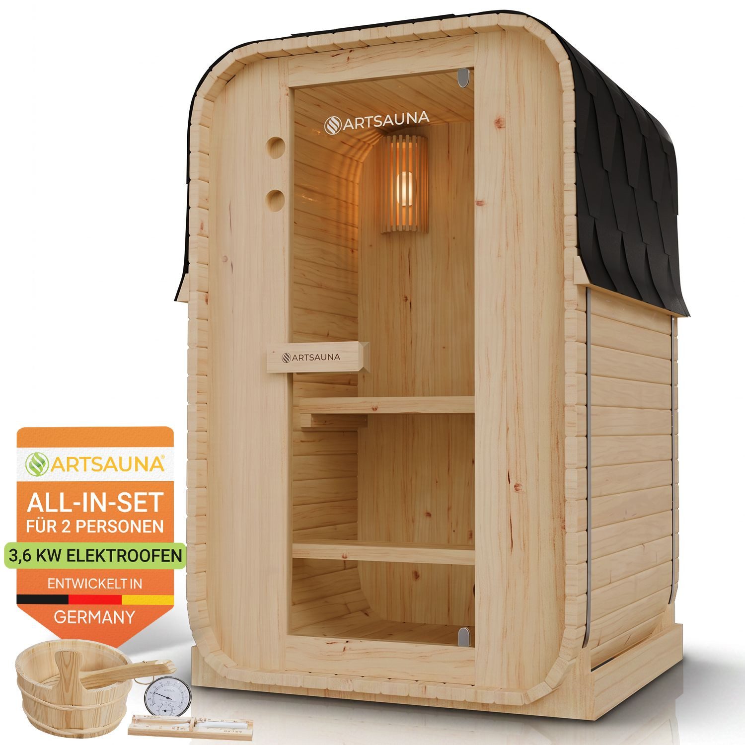 Artsauna Fasssauna Nolvik, BxTxH: 128 x 120 x 194 cm, 38 mm, Für 1 bis 2 Personen, 3,6 kW Saunaofen, Fichtenholz, Zubehör-Set