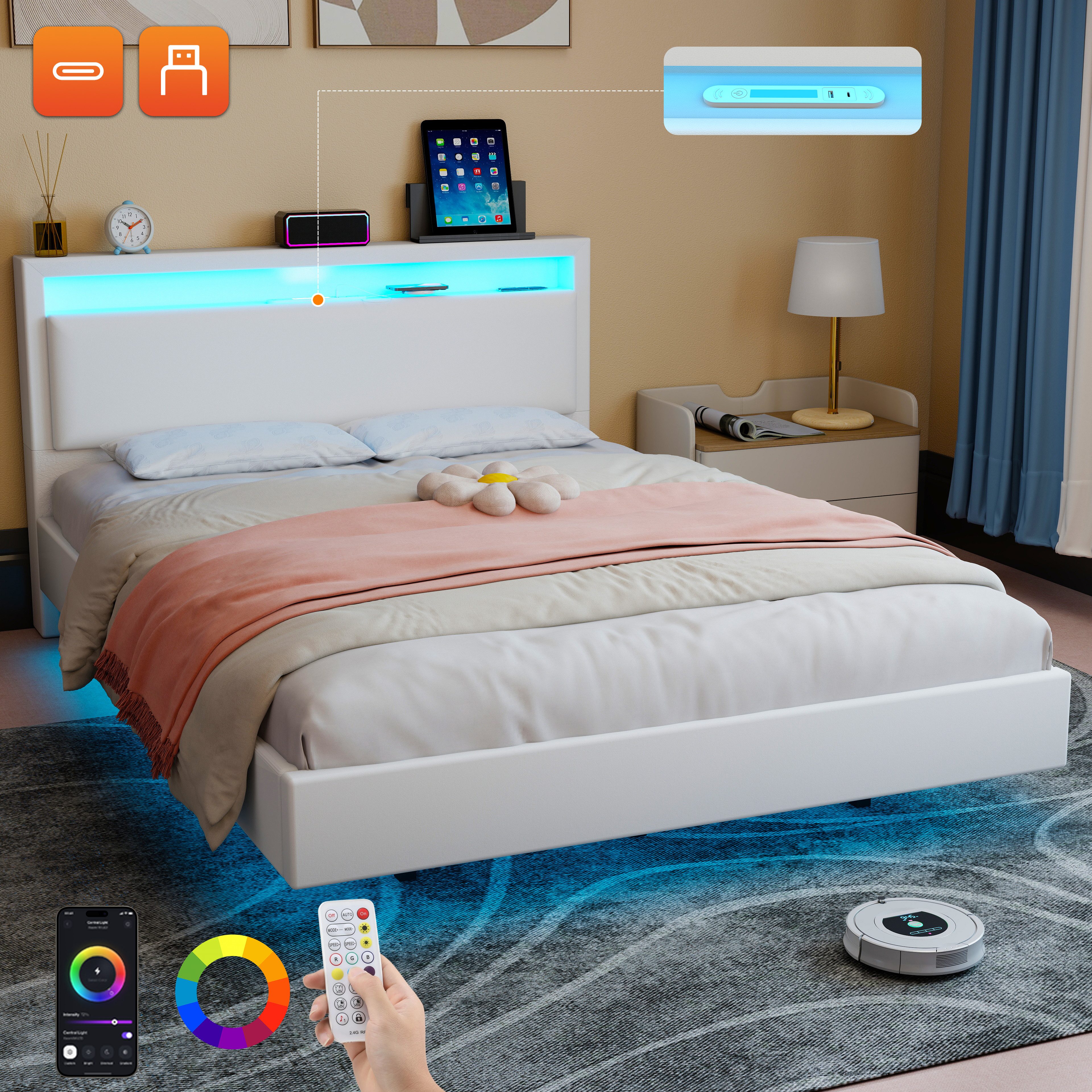 oyajia Polsterbett Schwebebett mit USB Ladefunktion und LED-Beleuchtung, Sc günstig online kaufen