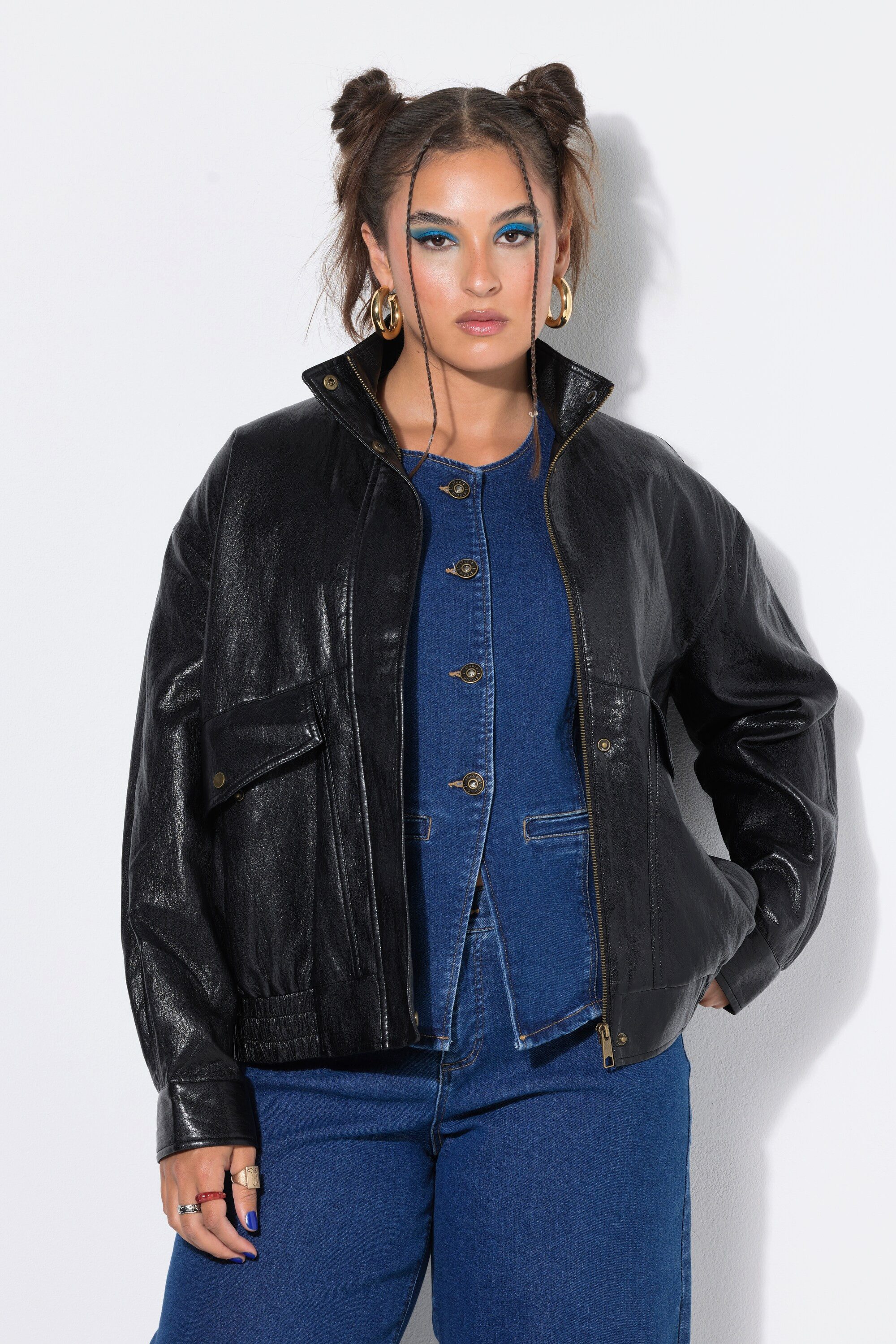 Kurzjacke Fake-Lederjacke oversized Zipper elastischer Saum
