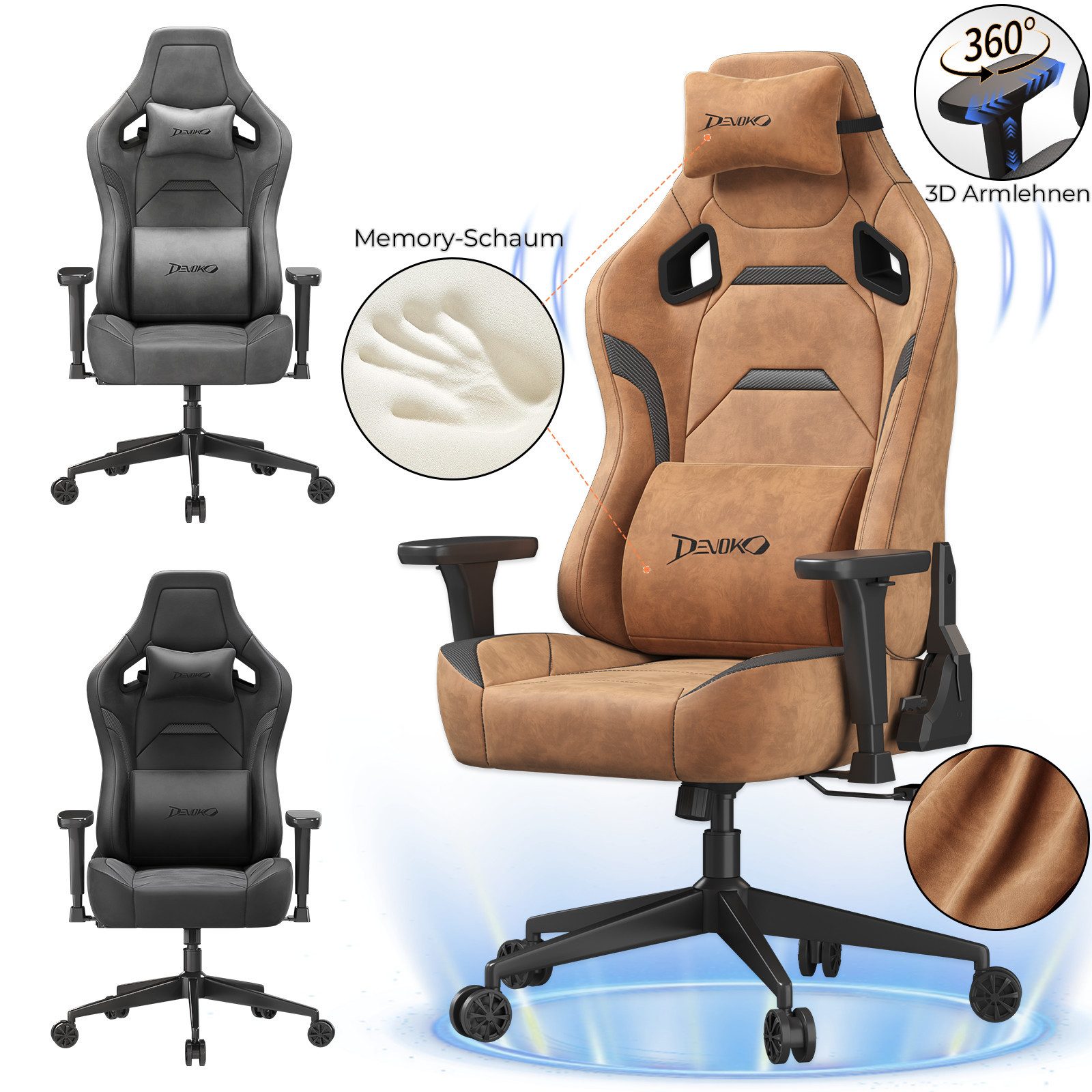 Devoko Gaming-Stuhl Luxuriöser Wildlederimitat,Ergonomisch & Großzügigem Sitz,Bürostuhl, Verstellbare Rückenlehne 90°–135°,3D-verstellbare Armlehnen