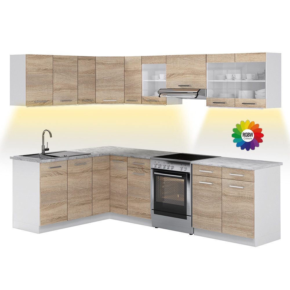 Vicco Winkelküche Rick, Weiß/Sonoma, 267 x 167 cm, AP Marmor mit LED-Leisten