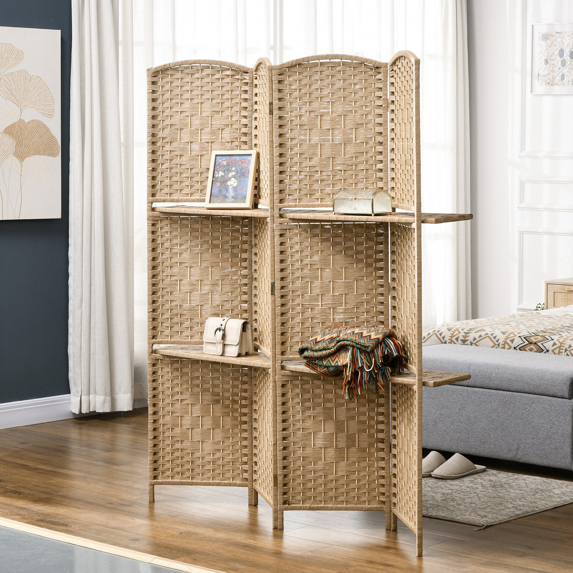 HOMCOM Paravent Raumteiler, 160 x 170 cm, Trennwand, Kiefernholz (Set, 4 St., 4-teilig, mit 2 Regalen), 4-teilig, faltbar, mit 2 Regalböden