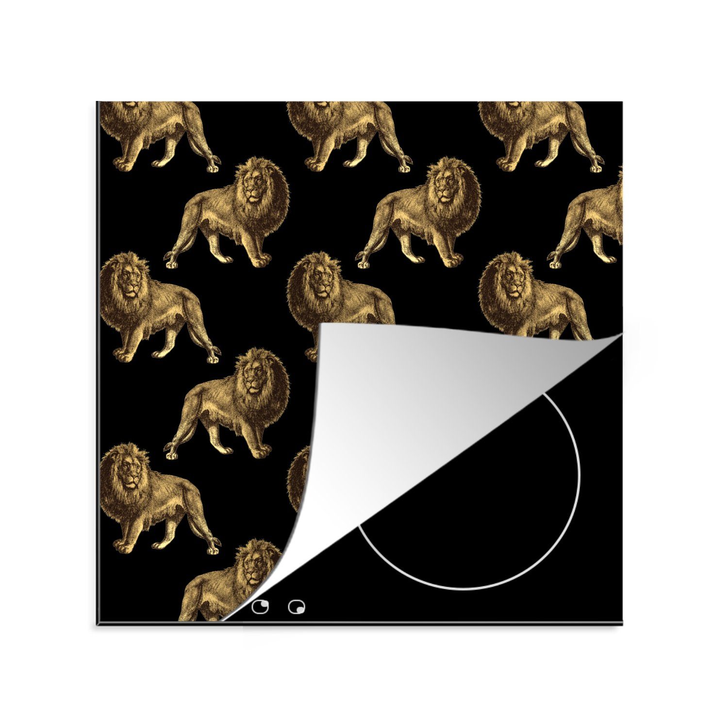 MuchoWow Herdblende-/Abdeckplatte Muster - Löwe - Gold - Schwarz, Vinyl, (1 tlg), 78x78 cm, Ceranfeldabdeckung, Arbeitsplatte für küche