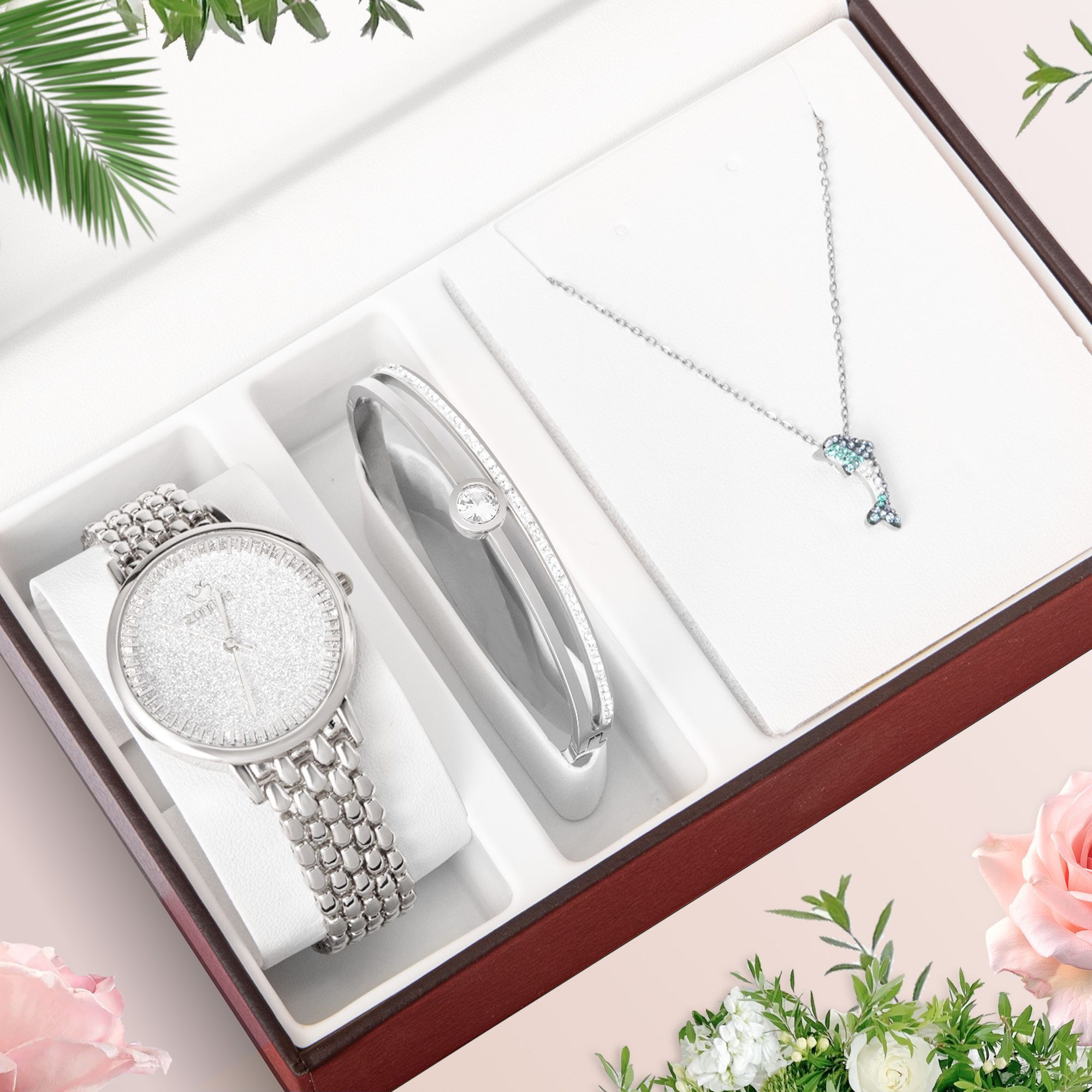 Quarzuhr Premium Damen Schmuckset mit Quarz-Armbanduhr & Delphin-Anhänger