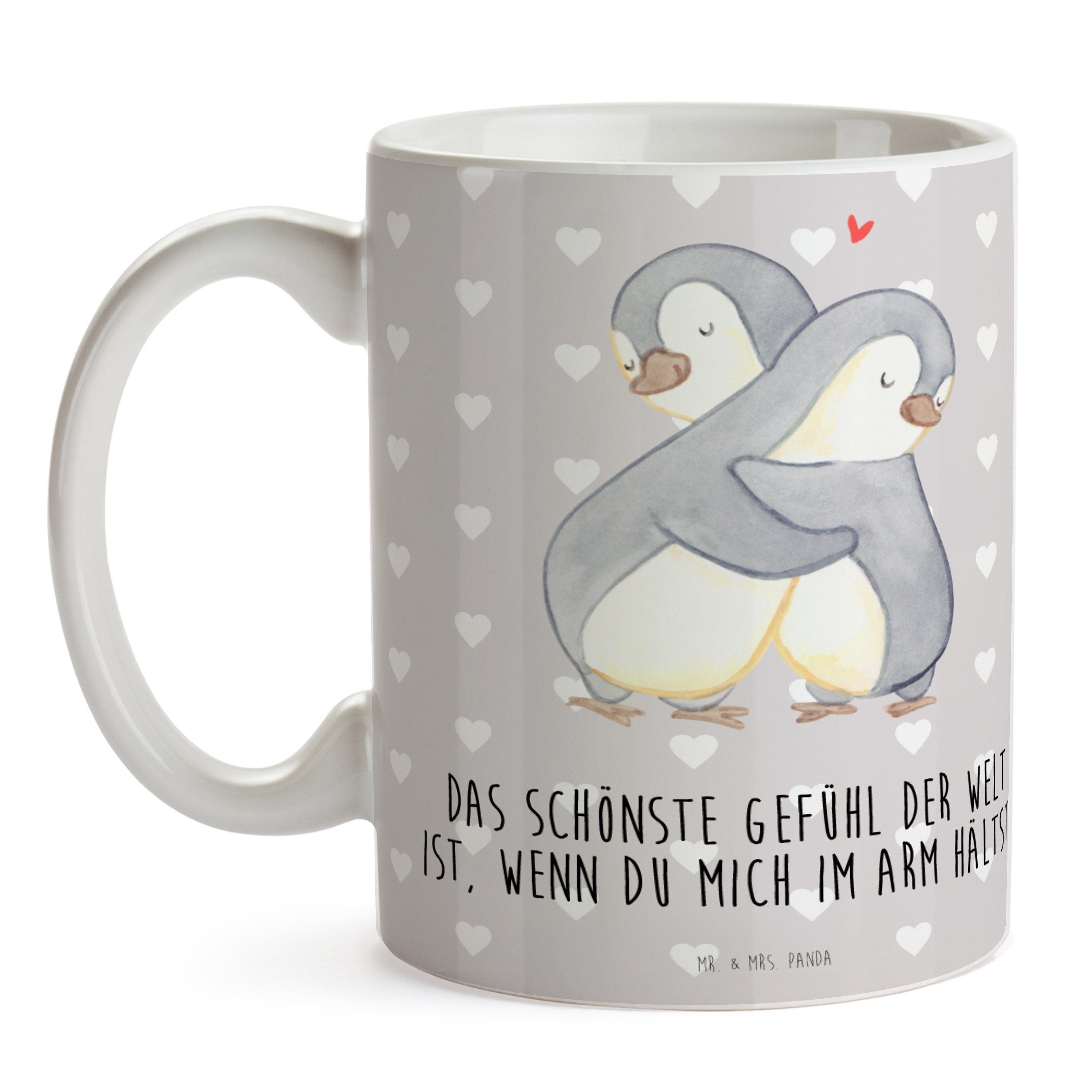 J, Grau Geschenk, Mrs. Pinguine - Kuscheln - & Porzellantasse, Tasse, Tasse Mr. Panda Pastell Keramik