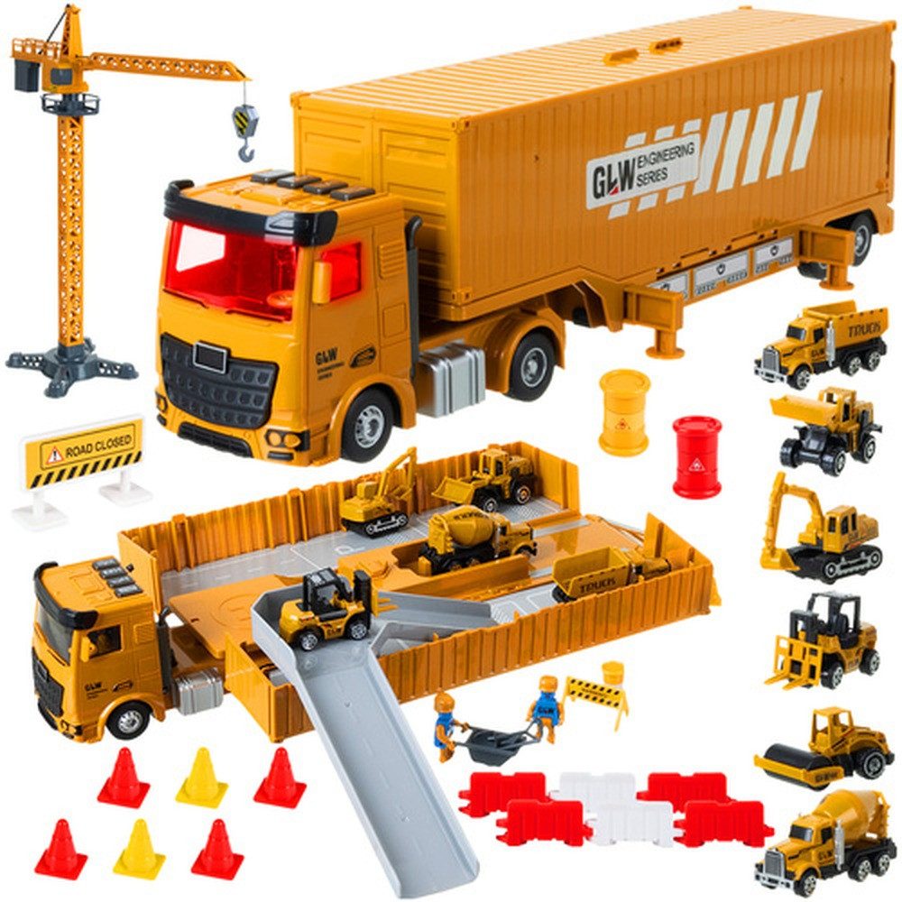ISO TRADE Spielzeug-LKW Baustellen Set Lastwagen mit Kran, (Spar-Set, leuchtende Autos), Zubehör für abwechslungsreiche Baustellen, perfekt für Kinderzimmer