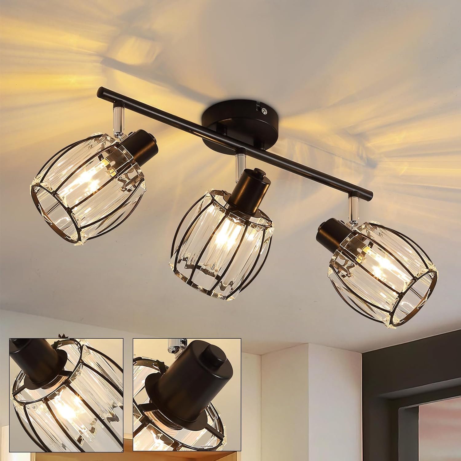 Nettlife Deckenstrahler Kristall Vintage Industrial Deckenspot Schwarz E14 350° schwenkbar, LED wechselbar, Retro Прожектори Industrial Flurlampe für Flur Hotel