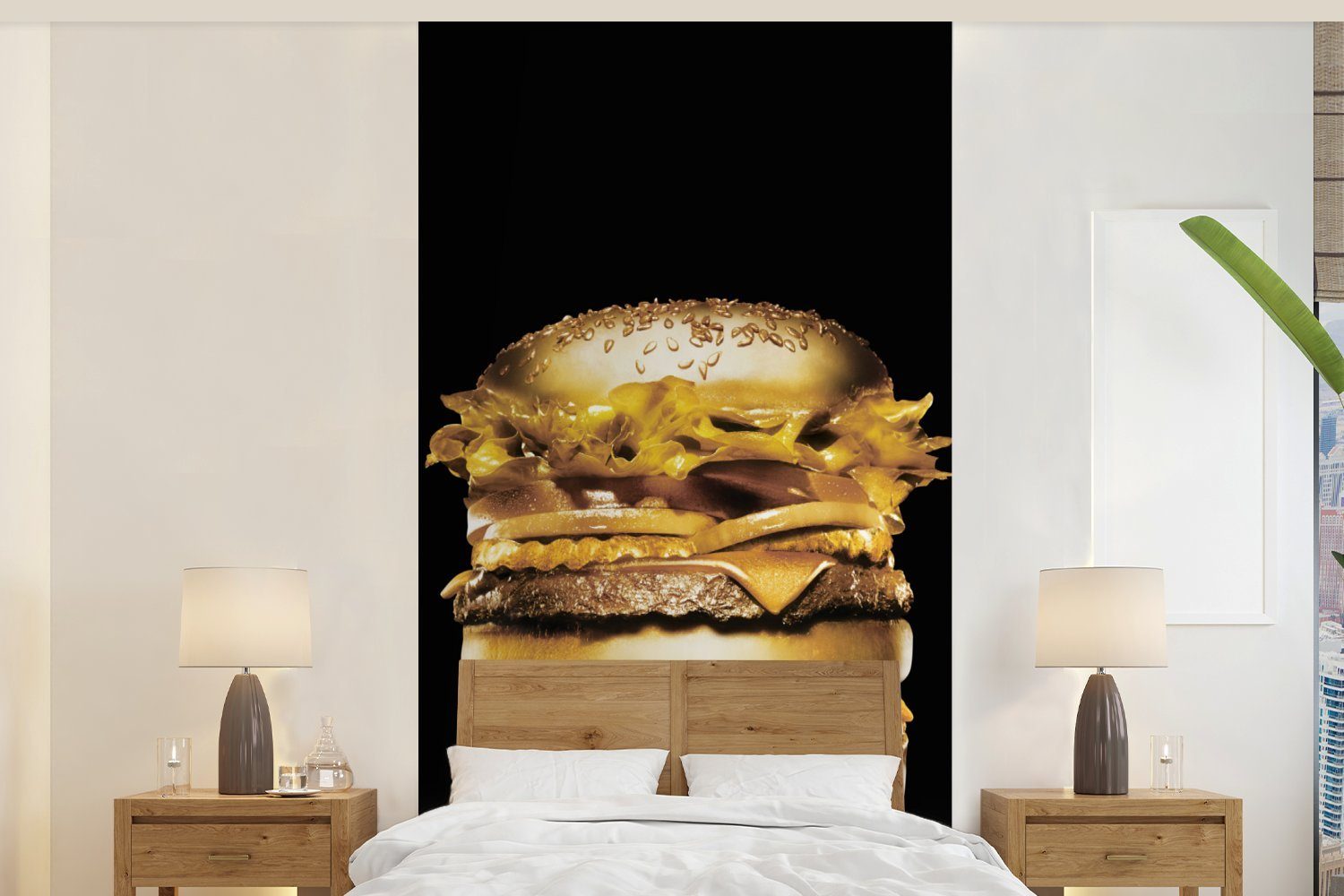 MuchoWow Fototapete Goldener Hamburger auf schwarzem Hintergrund., Matt, bedruckt, (2 St), Vliestapete für Wohnzimmer Schlafzimmer Küche, Fototapete