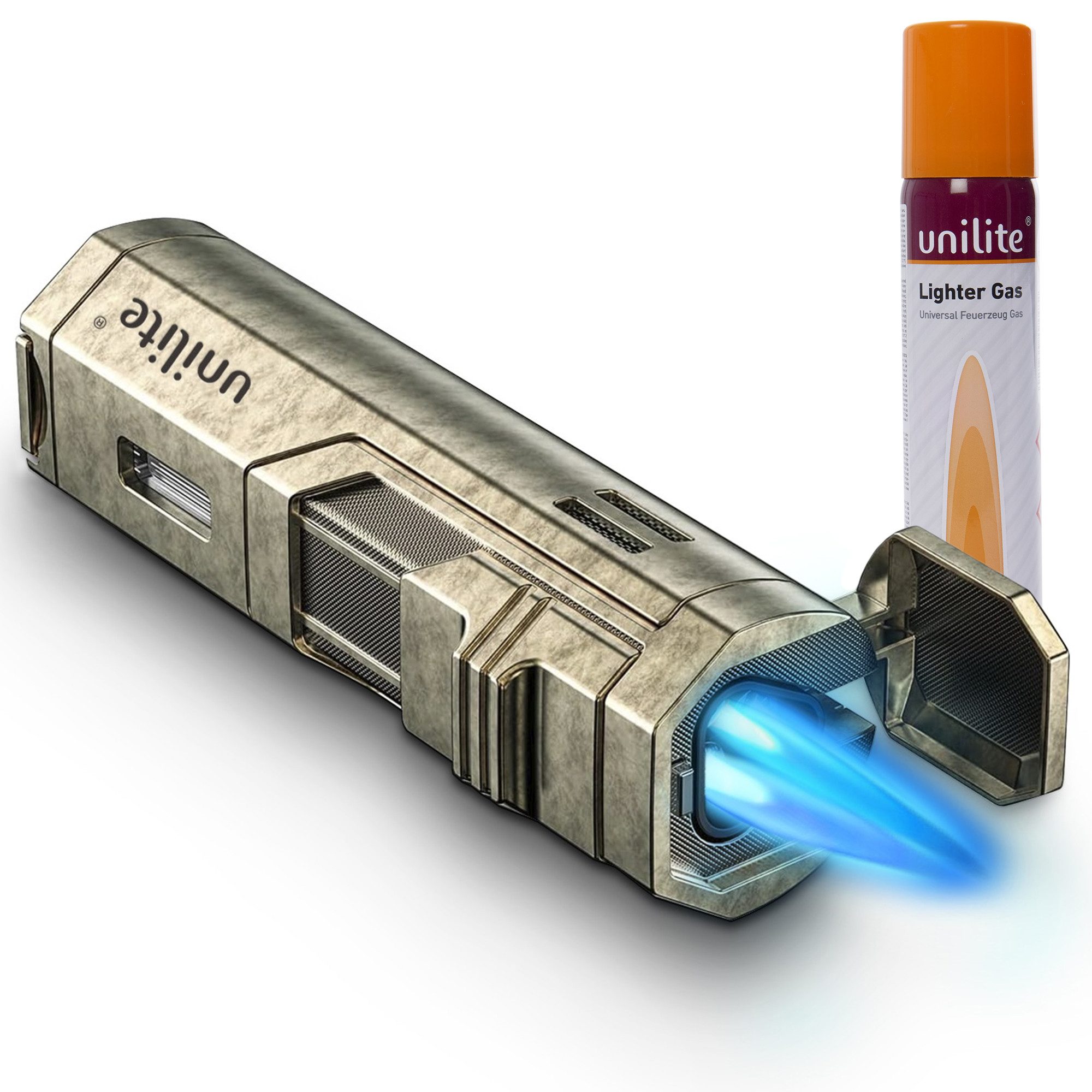 Unilite Feuerzeug Sturmfeuerzeug mit 100ml Gaskartusche, befüllt & nachfüllbar (2-St), windfestes Gasfeuerzeug mit Jetflame, Premium