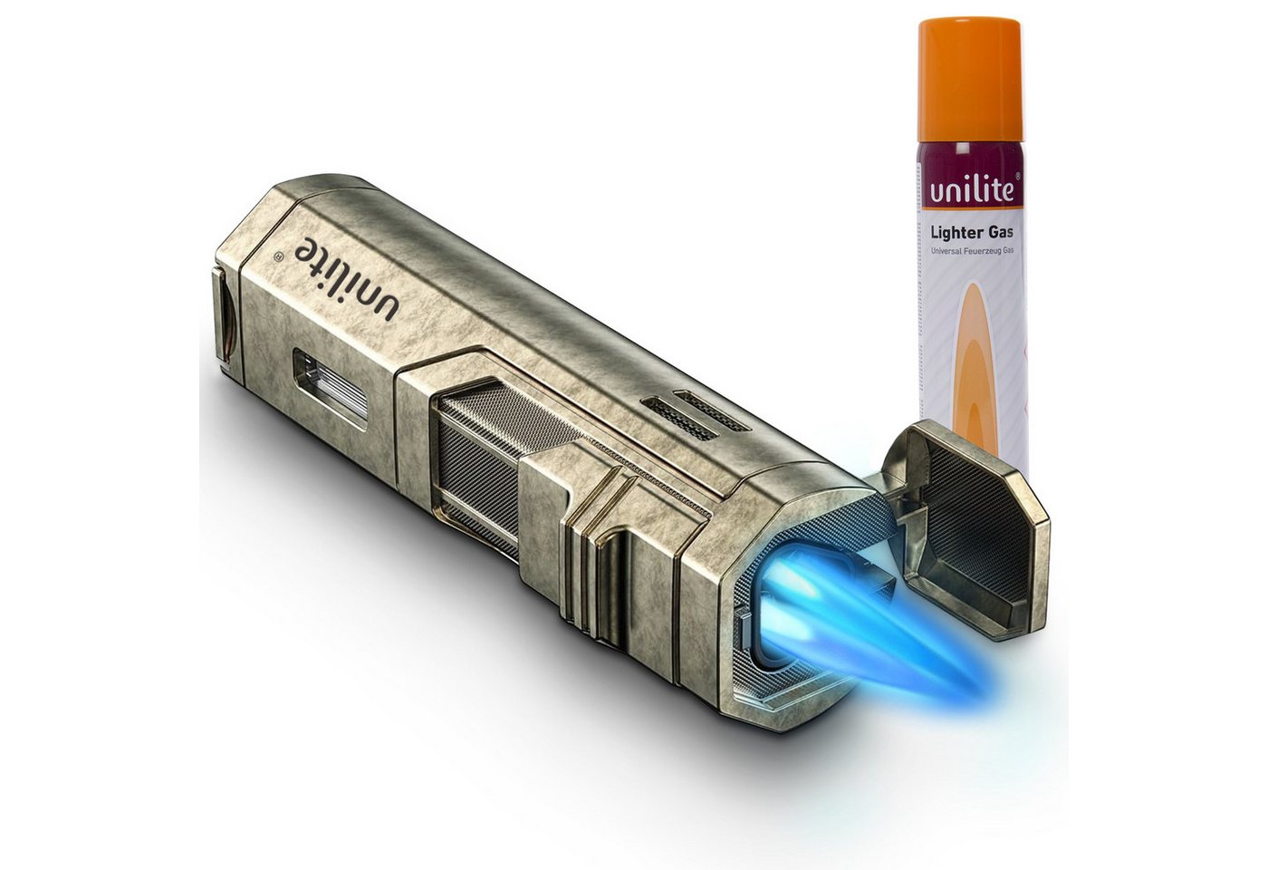 Unilite Feuerzeug Sturmfeuerzeug mit 100ml Gaskartusche, befüllt & nachfüllbar (2-St), windfestes Gasfeuerzeug mit Jetflame, Premium