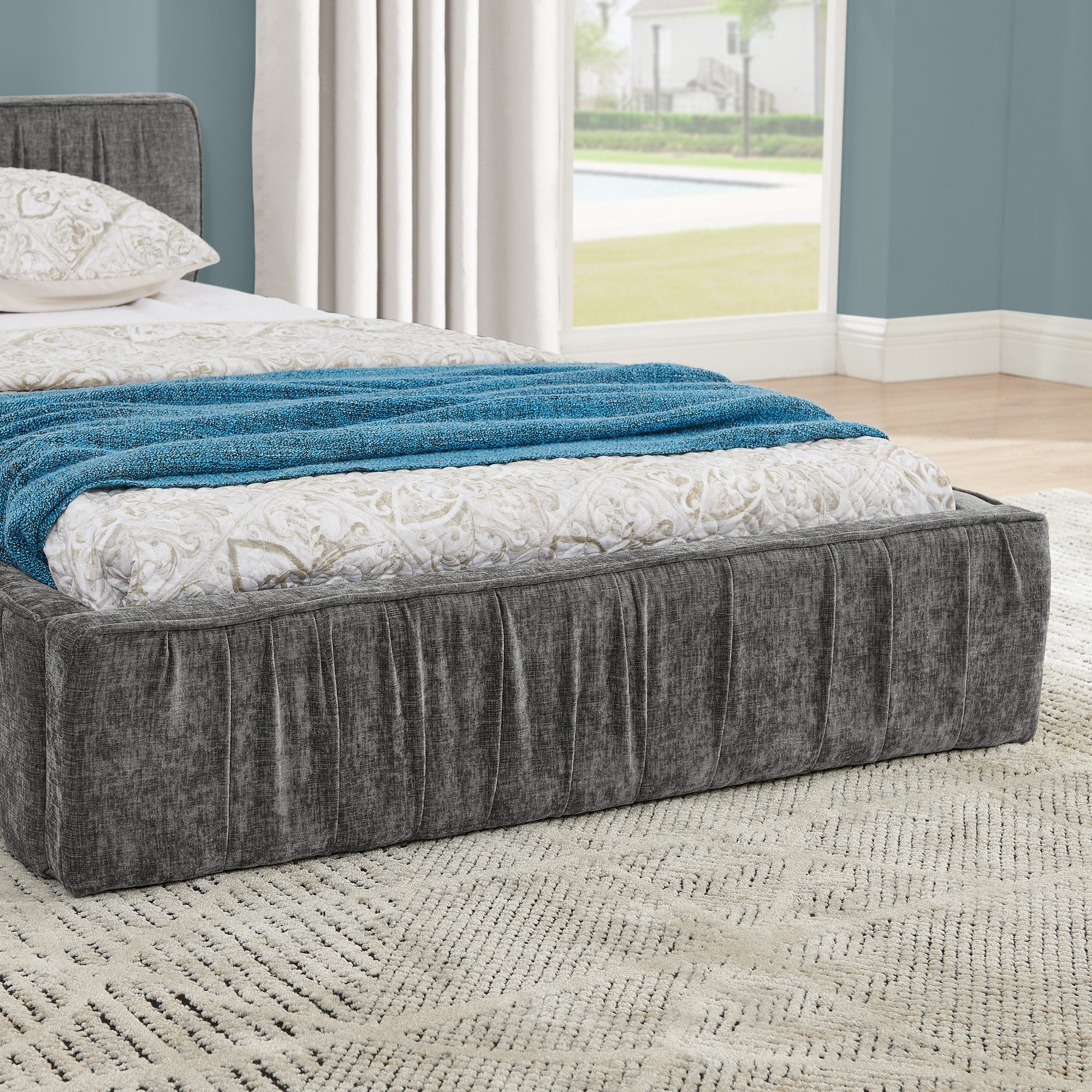 MODFU Polsterbett Polsterbett (Jugendbett mit Lattenrost, 1-tlg., 90*200cm, Chenille, ohne Matratze), Eukalyptusholz und Stabiler Eisenrahmen