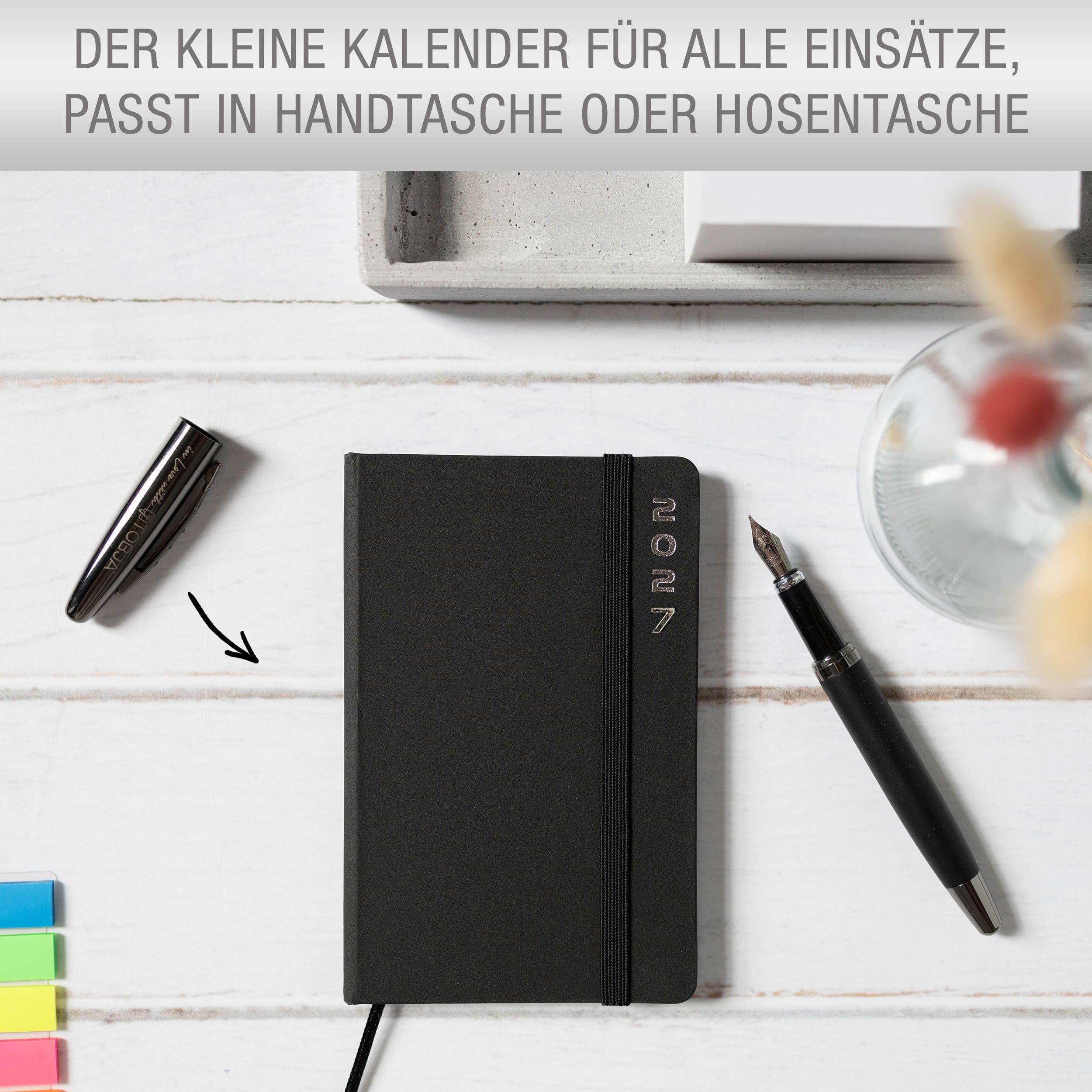 AMLI Taschenkalender Taschenkalender 2027 A6 mit Gummiband 1 Woche 2 Seiten Schwarz, Gummiband, Folienprägung, Leseband, Ferien & Feiertage – Bild 4 von 5