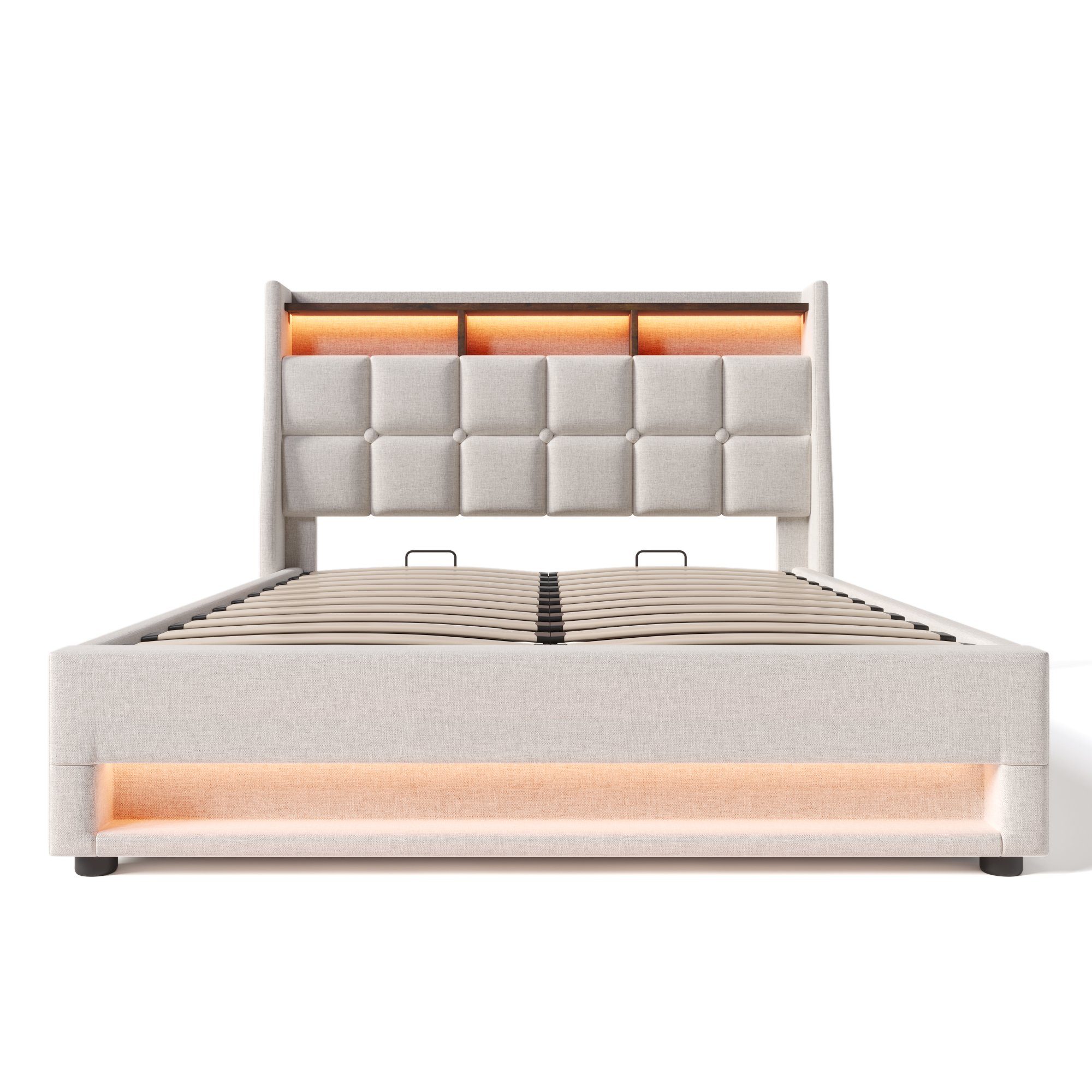 Polsterbett (Funktionsbett, 140x200 cm Hydraulisches Bett mit Lattenrost), Stauraumbett mit LED-Beleuchtung und USB-Anschluss, Baumwolle-Leinen
