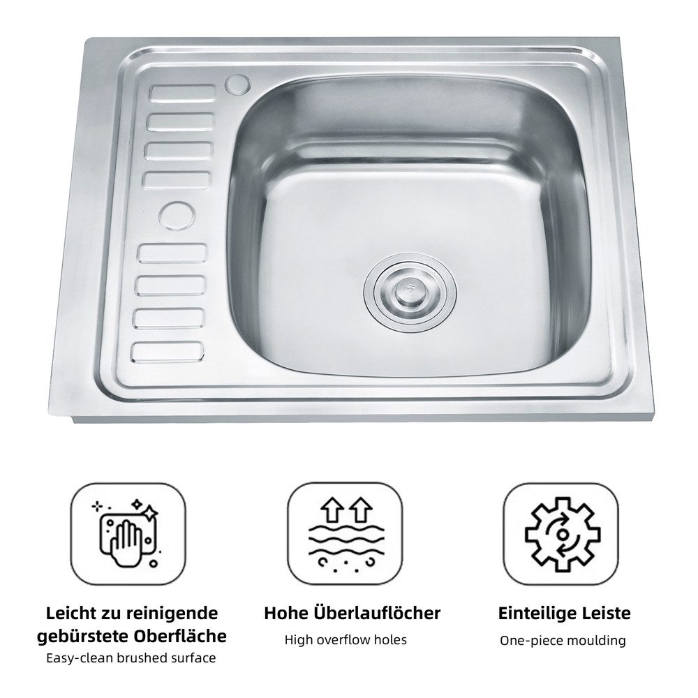 Mucola stainless steel sink 60x50cm, built-in rectangular sink with drainer, kitchen sink, rectangular, 60/50 cm, (piece), anti-condensation coating