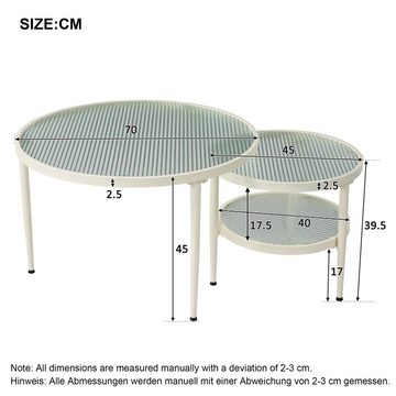 BlingBin Beistelltisch Couchtisch (1-St., 2er Set), Wasserwellen-Glasplatte, Cremeweiße Lackierung, 70*70*45+45*45*39.5CM