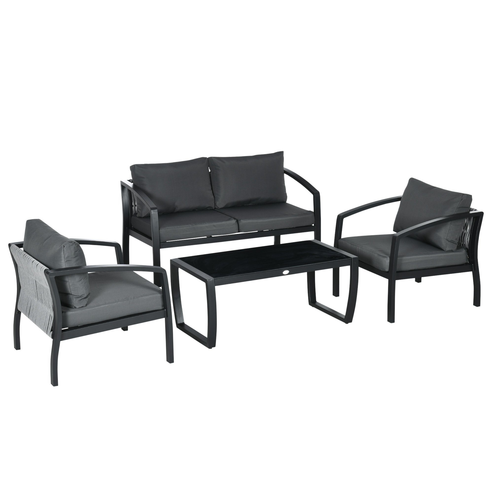 Outsunny Sitzgruppe 1 Glastisch, 1 Sofa, 2 Sessel, wetterbeständig, (Gartengruppe, 4-tlg., Gartenmöbel-Set), Grau, Schwarz 123L x 68,5B x 61H cm