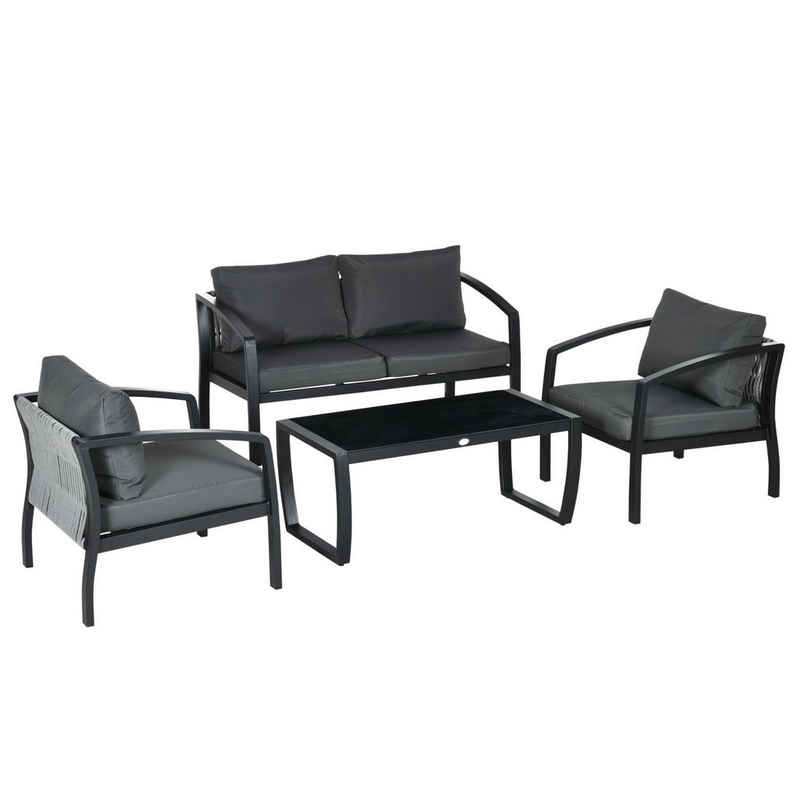 Outsunny Sitzgruppe 1 Glastisch, 1 Sofa, 2 Sessel, wetterbeständig, (Set, 4-tlg., Gartenmöbel-Set), Tisch mit 3 Stühlen