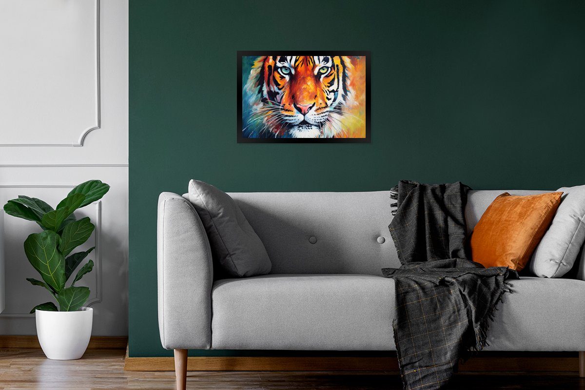 Tiger Tiere MuchoWow - Gerahmtes Ölgemälde (1 Wanddeko, Wandposter, Poster, Bilderrahmen - - Bilder, Poster Schwarzem Kunst, St),