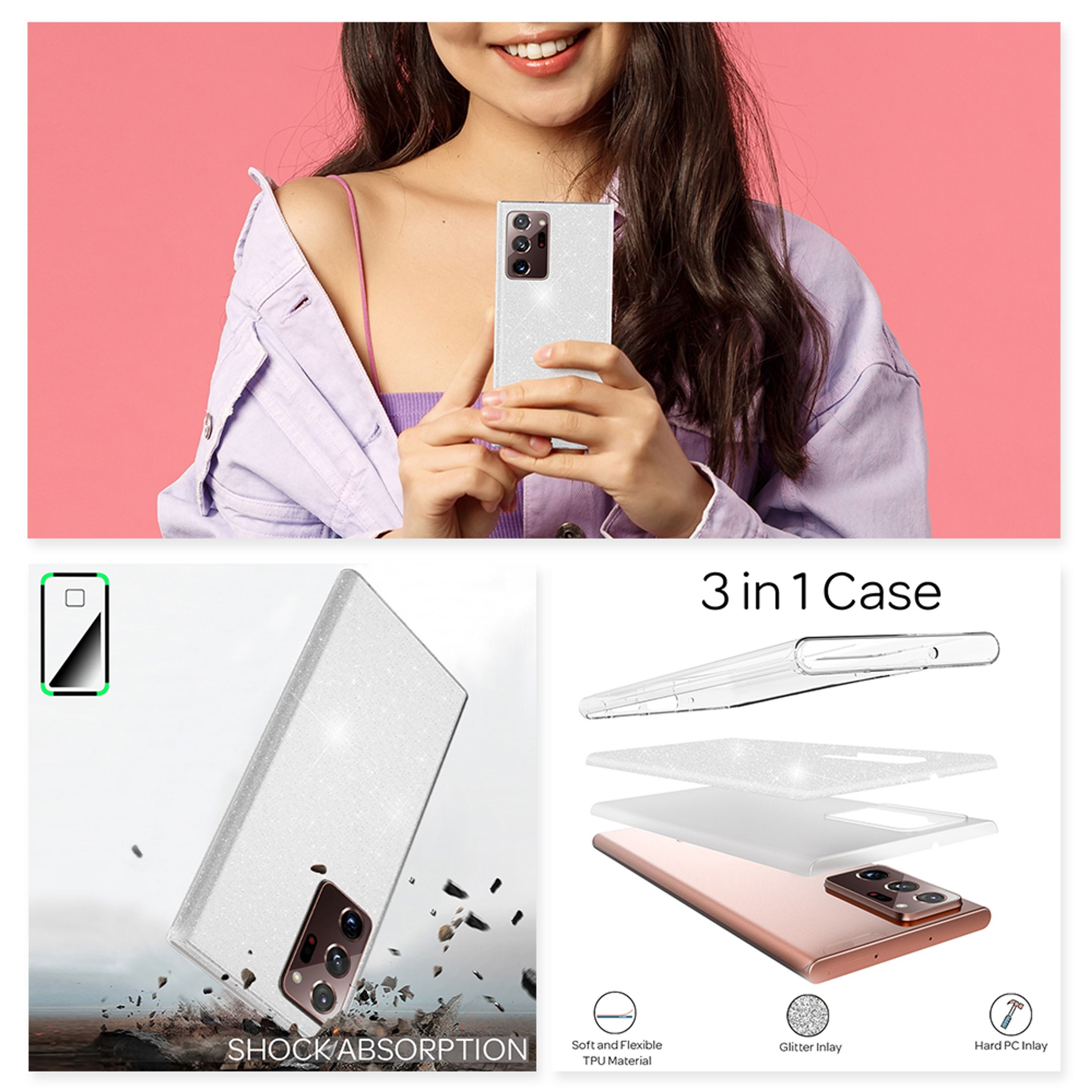 Nalia Smartphone-Hülle Samsung Galaxy Note 20 Ultra 17,5 cm (6,9 Zoll), Glitzer Silikon Hülle / Glänzender Hybrid Schutz / Stoßfest & Robust