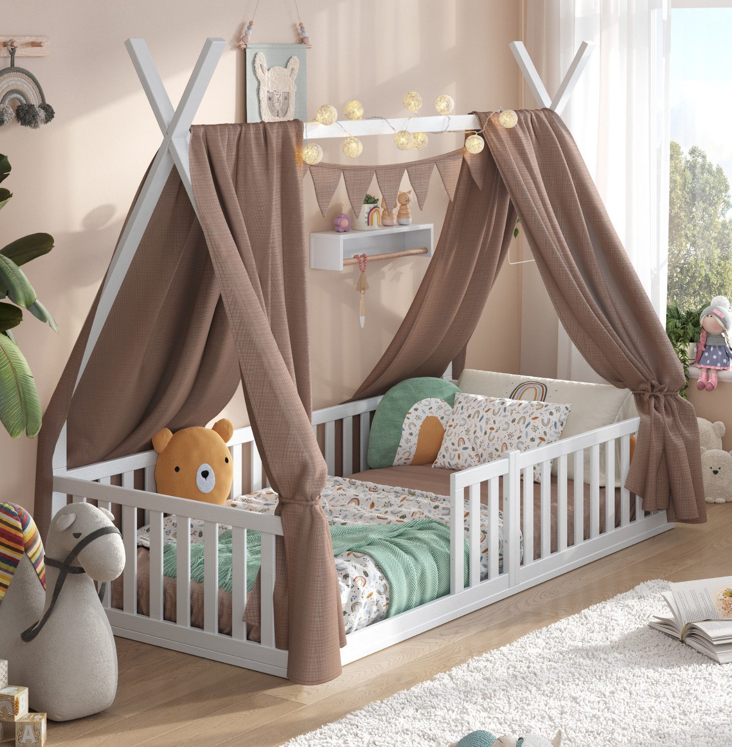 Alavya Home® Kinderbett Bodenbett SKY SET aus Buche – FSC® 100%, Deko & Matratze (Hausbett 90x200 cm SET mit Decoration Braun, Matratze, Rausfallschutz & Lattenrost Kinderbett 90x200), bodentiefes Jugendbett weiß massiv BUCHE für Junge Mädchen