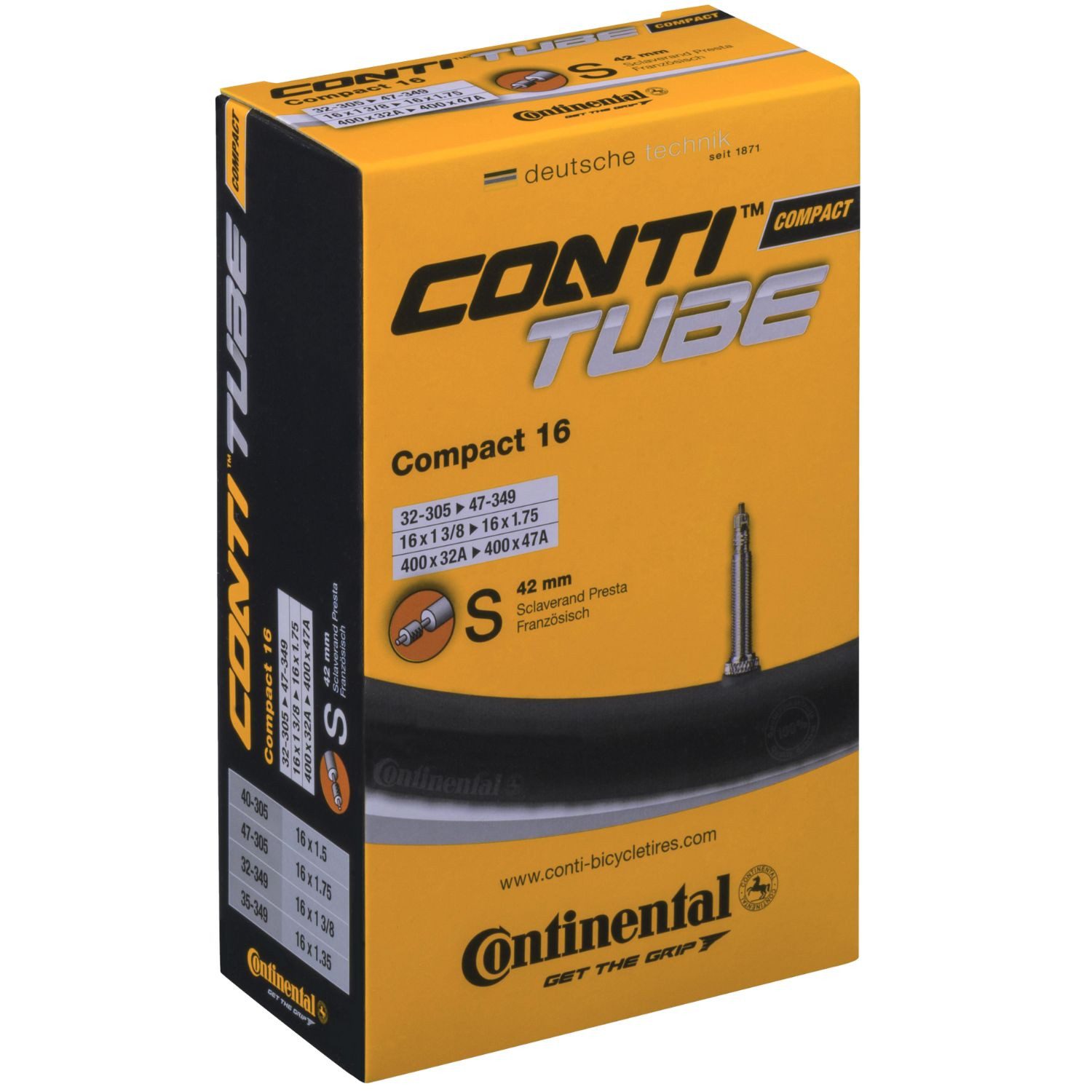 CONTINENTAL Fahrradschlauch Fahrrad-Schlauch 16 Zoll 32-305 47-349 SV 42mm, 20 Zoll (50,80 cm), (Packung, 1-St., 1 Stück), Schlauch Compact 20 mit SV-Ventil 42mm Größe: 20x 1 1/4 bis 1,75 135g