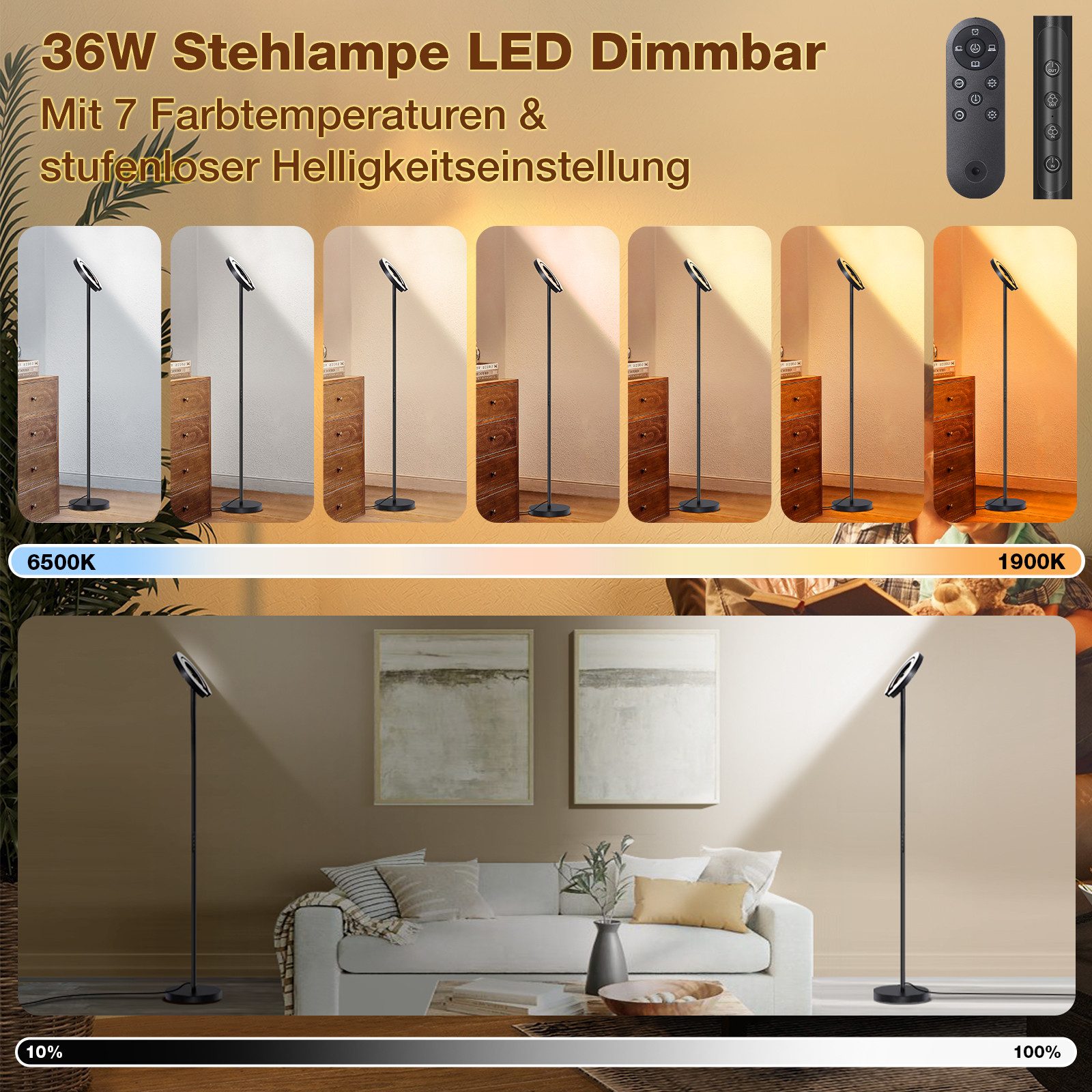 Rosnek Stehlampe Wohnzimmer stehlampe dimmbar, 7 Farbtemperaturen, 5 Helligkeitsstufen, 190CM, Magnetisch Fernbedienung und Touch-Contro für Wohnzimmer – Bild 3 von 5
