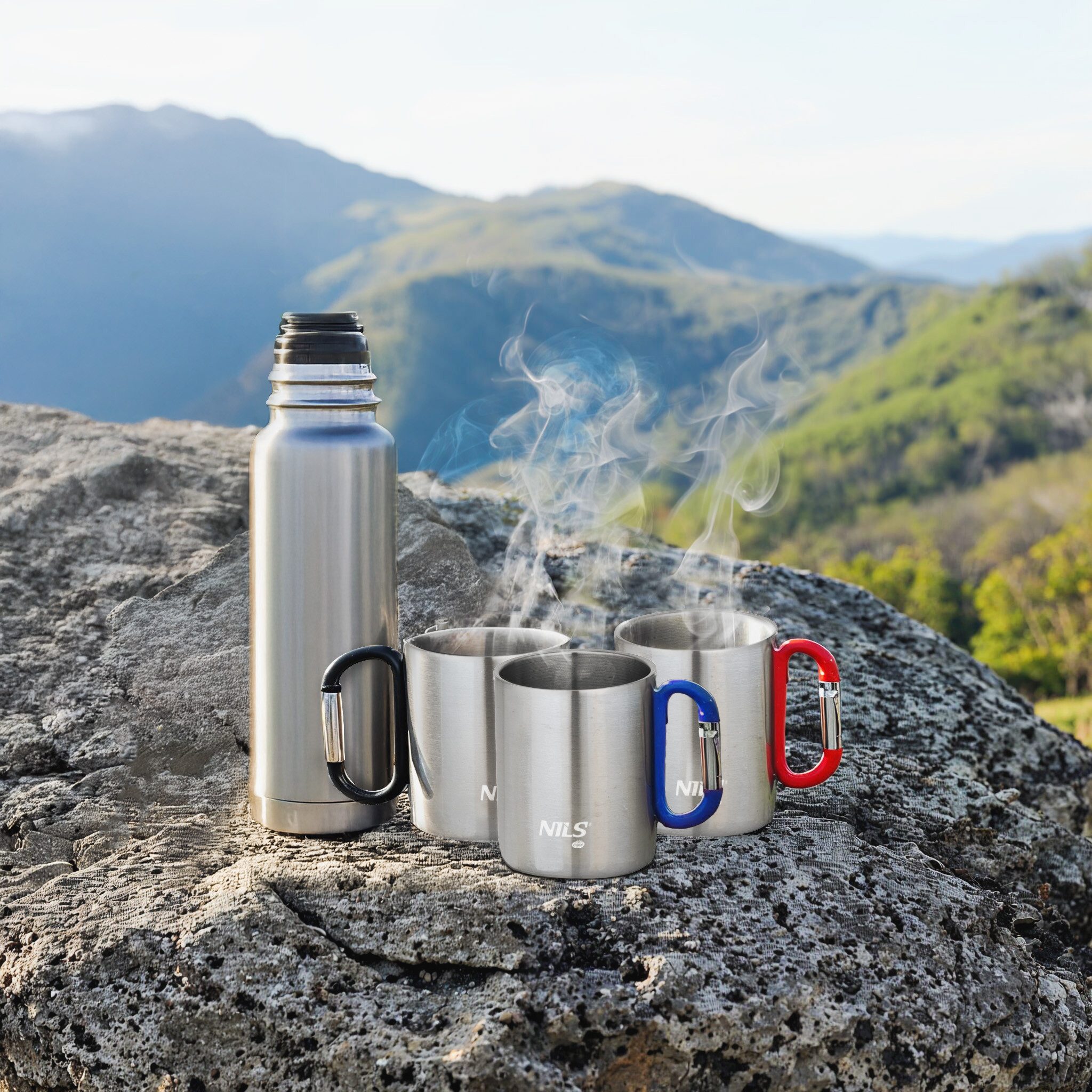 NILS CAMP Becher Campingbecher Edelstahlbecher Outdoorbecher, 1-tlg., Edelstahl, doppelwandig, Karabinerhaken, Edelstahl, 300 ml