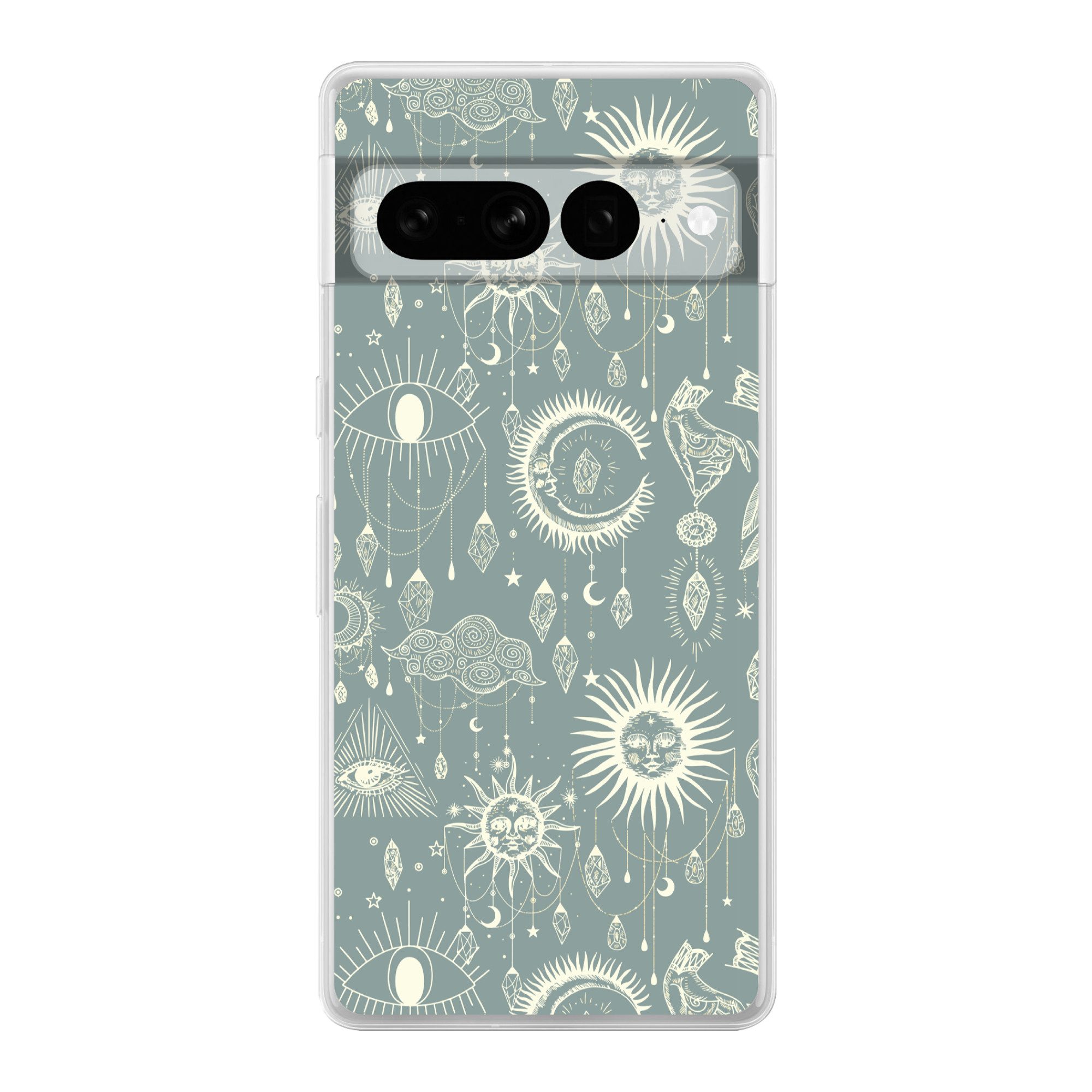 MuchoWow Handyhülle für Google Pixel 7 Pro Boho - Druck - Blau - Sonne - Augen - Zen, Phone Case, Silikon, Schutzhülle Dünn