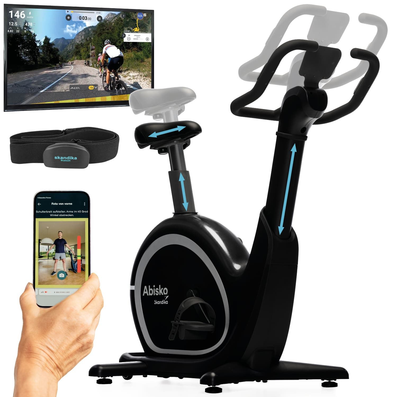 Skandika Ergometer Abisko, Weltneuheit, Smarter Ergometer für Zuhause mit App Steuerung, EMS-Widerstand, Auto.Lenker- & Satteleinstellung, 36 Widerstandsstufen